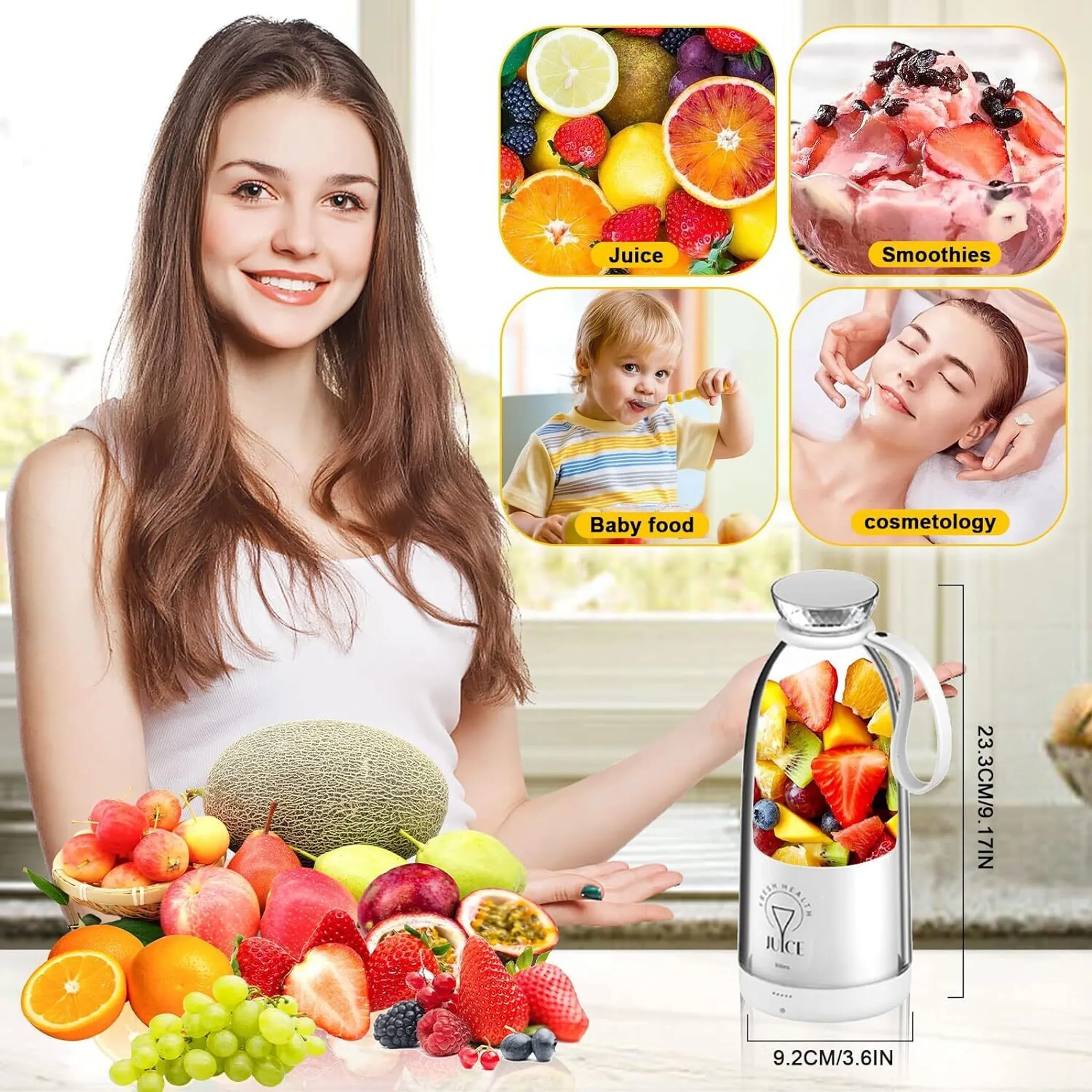 Frau mit Früchten und einem Mixer. Bilder zeigen Saft, Smoothies, Babynahrung und Kosmetik mit Früchten.