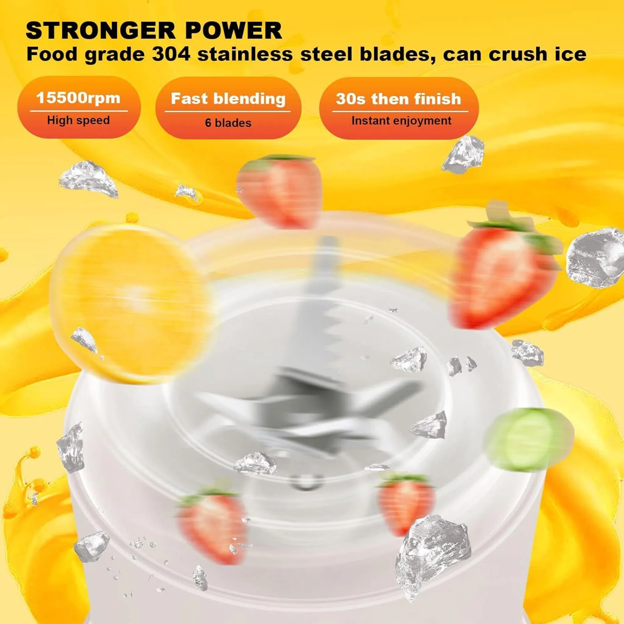 Ein Mixer mit Erdbeeren, Eis und einer Orangenscheibe. Text hebt die Klingen, die Geschwindigkeit und die Mischfähigkeiten hervor.