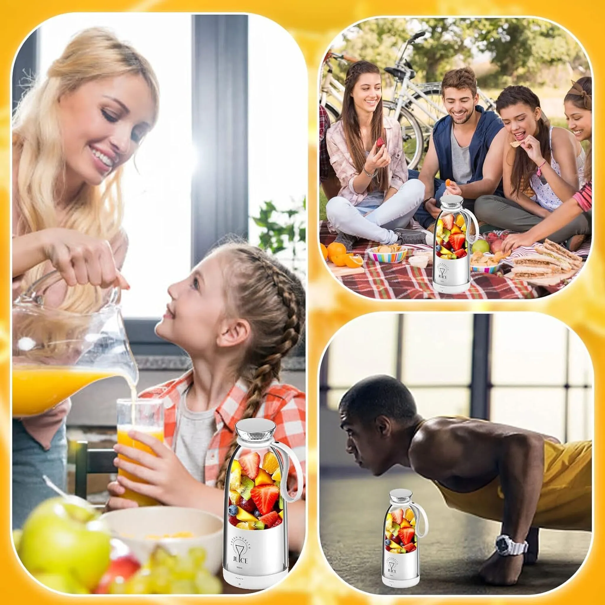 Das Bild zeigt Menschen, die Früchte und Saft genießen. Eine Frau gießt Saft in ein Glas. Andere Leute sind in einer Picknick-Umgebung.