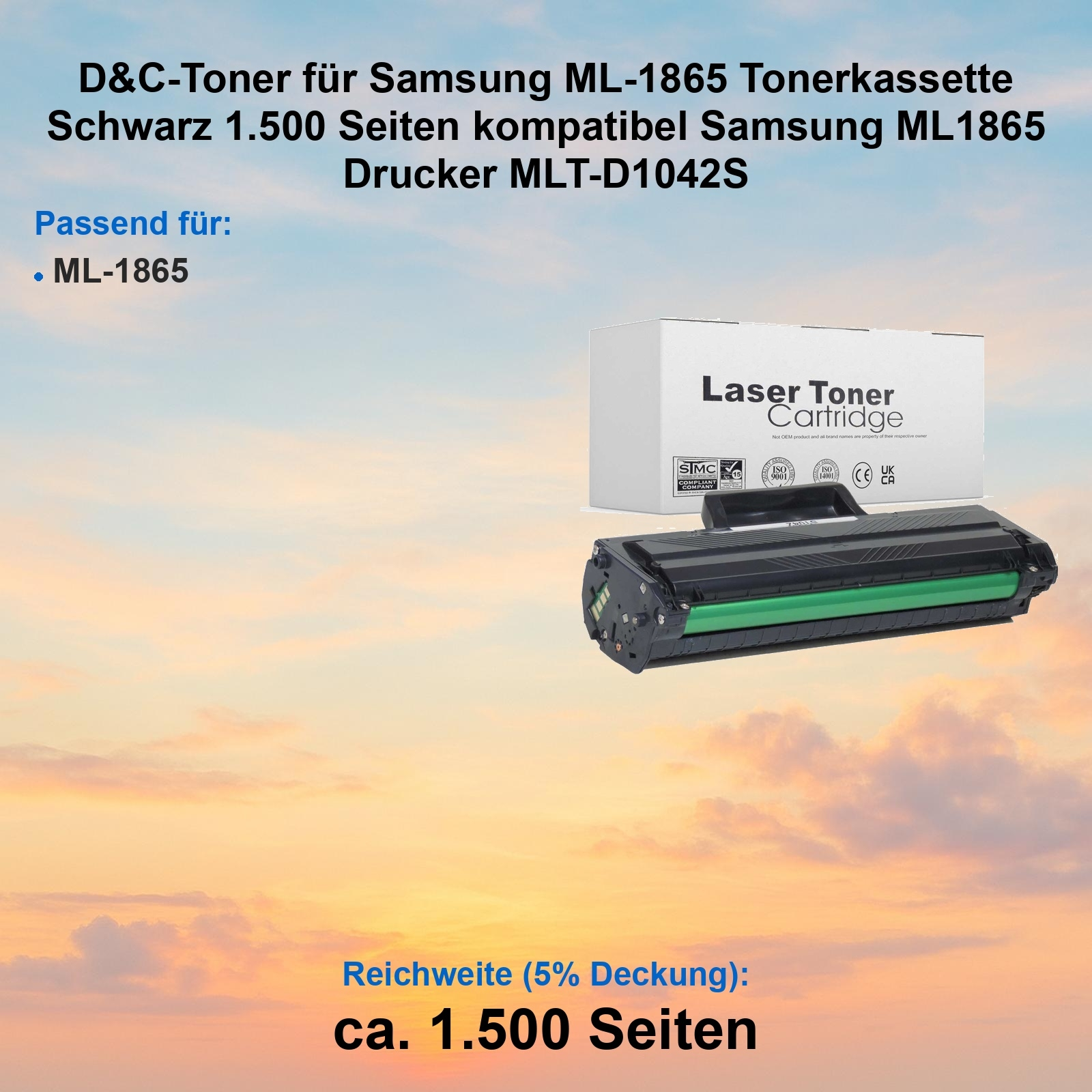 Eine Tonerkartusche für den Samsung ML-1865 Drucker, schwarz. Eine weiße Box mit dem Text 'Laser Toner Cartridge' ist sichtbar.