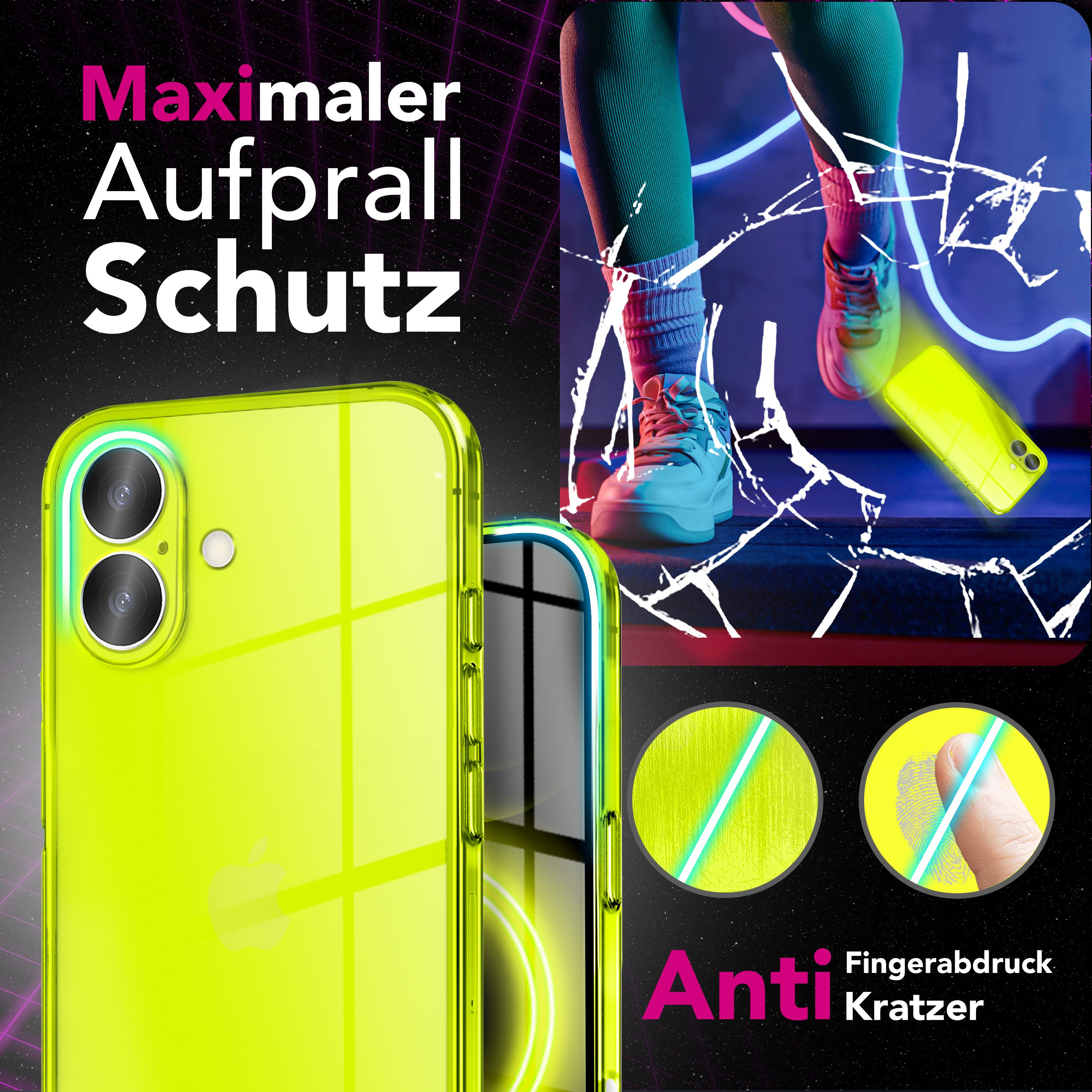 Eine neongrüne Handyhülle mit einem Telefon darin. Beine und Schuhe im Hintergrund. Text auf der linken Seite. Anti-Kratzer.