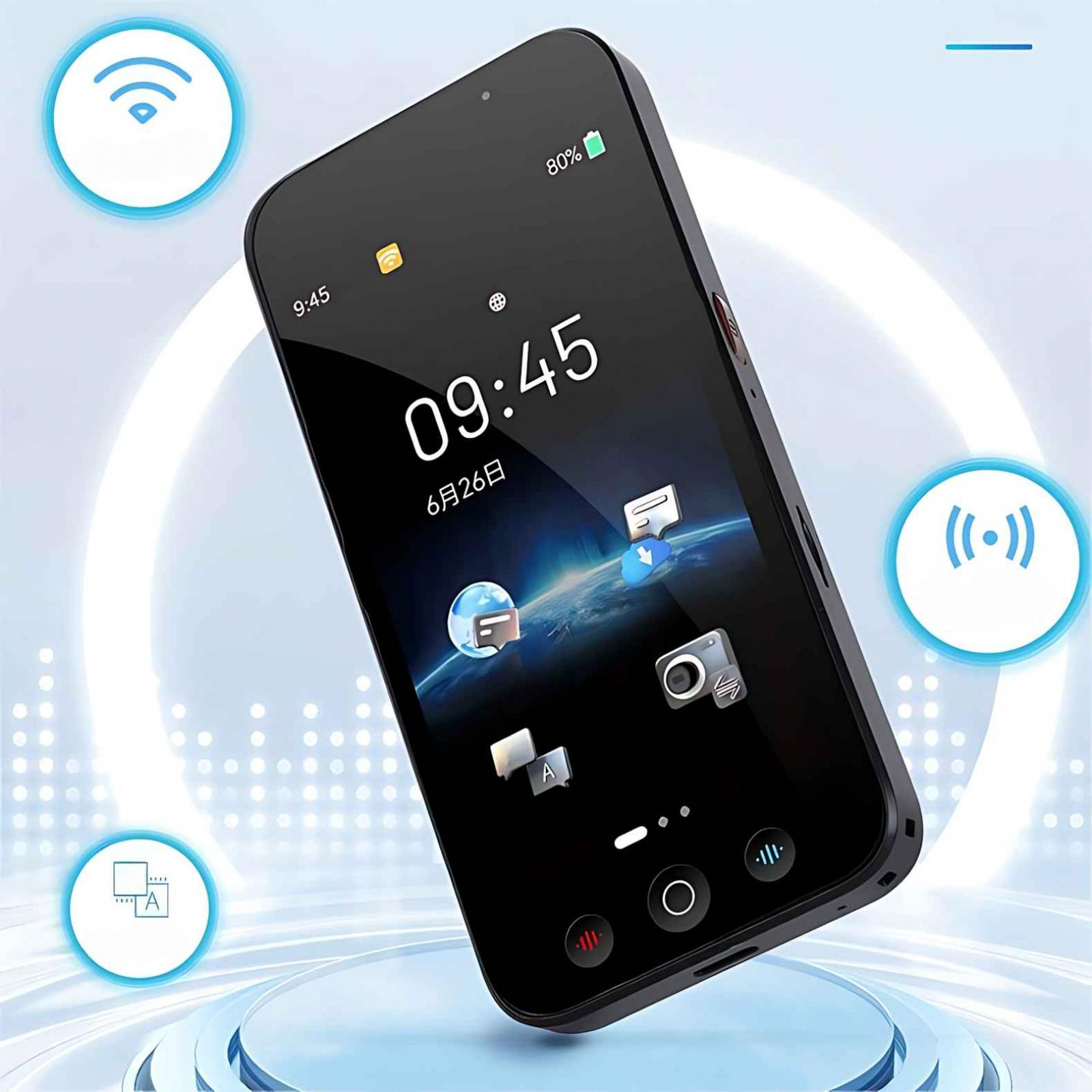 Ein schwarzes Smartphone zeigt 09:45, Datum und Symbole. Umgeben von blau-weißen kreisförmigen und Linien.