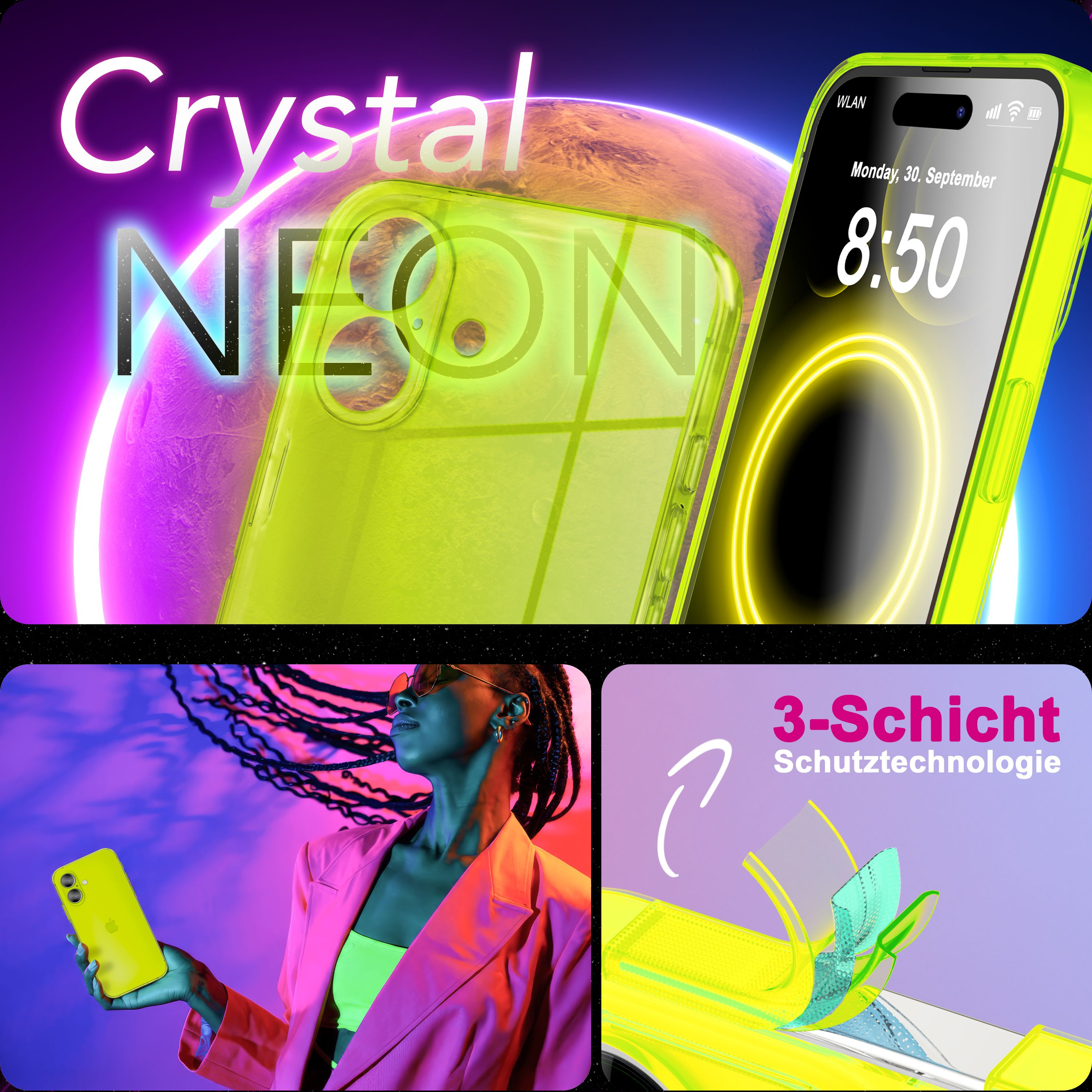 Das Bild zeigt eine Neon-Handyhülle, eine Frau mit einem Telefon und eine 3-Schicht-Schutzgrafik. Das Farbschema ist neongelb und lila.