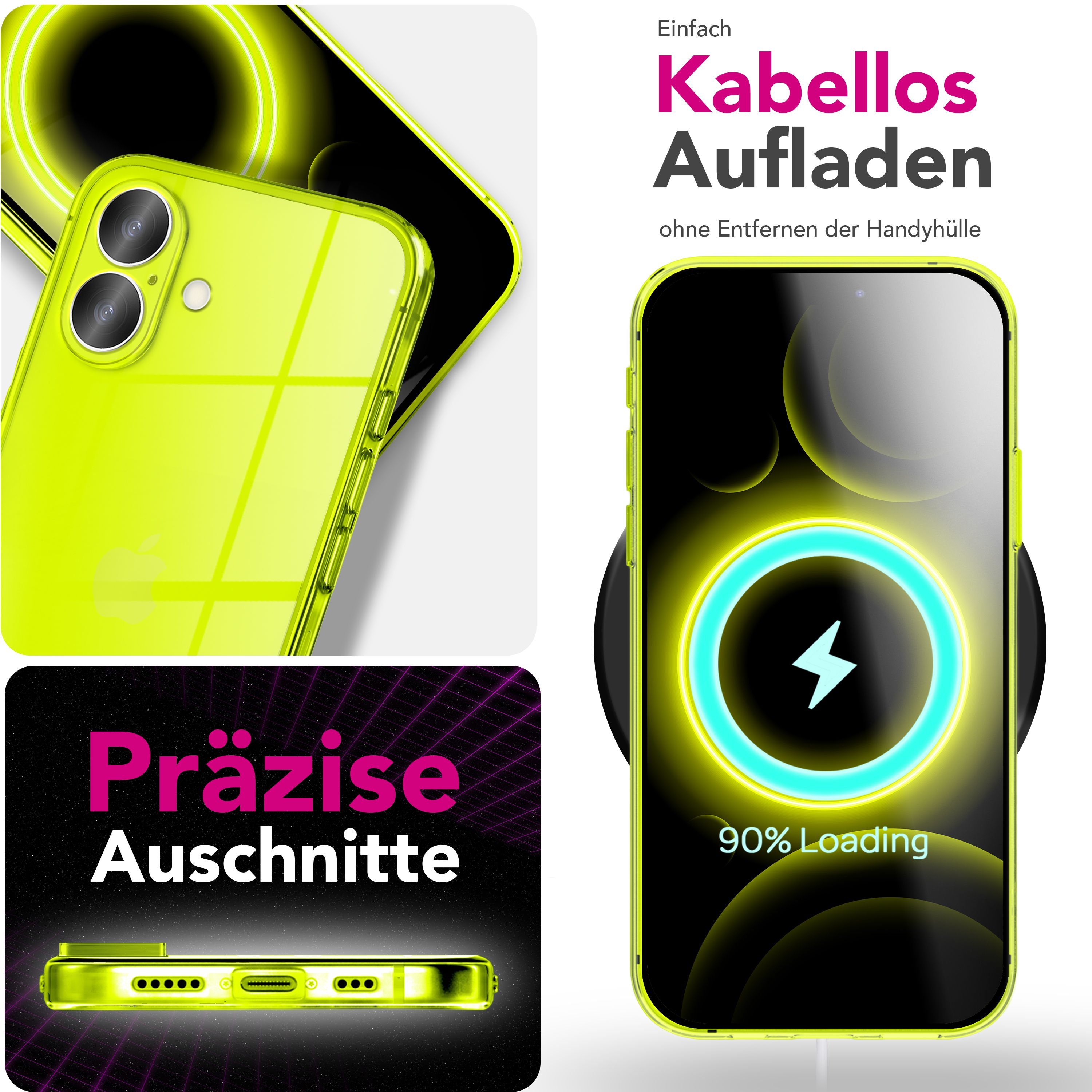Das Bild zeigt ein Telefon in einer gelben Hülle. Kabelloses Laden wird angezeigt. Texte sagen 'präzise Ausschnitte' und 'kabelloses Laden'.
