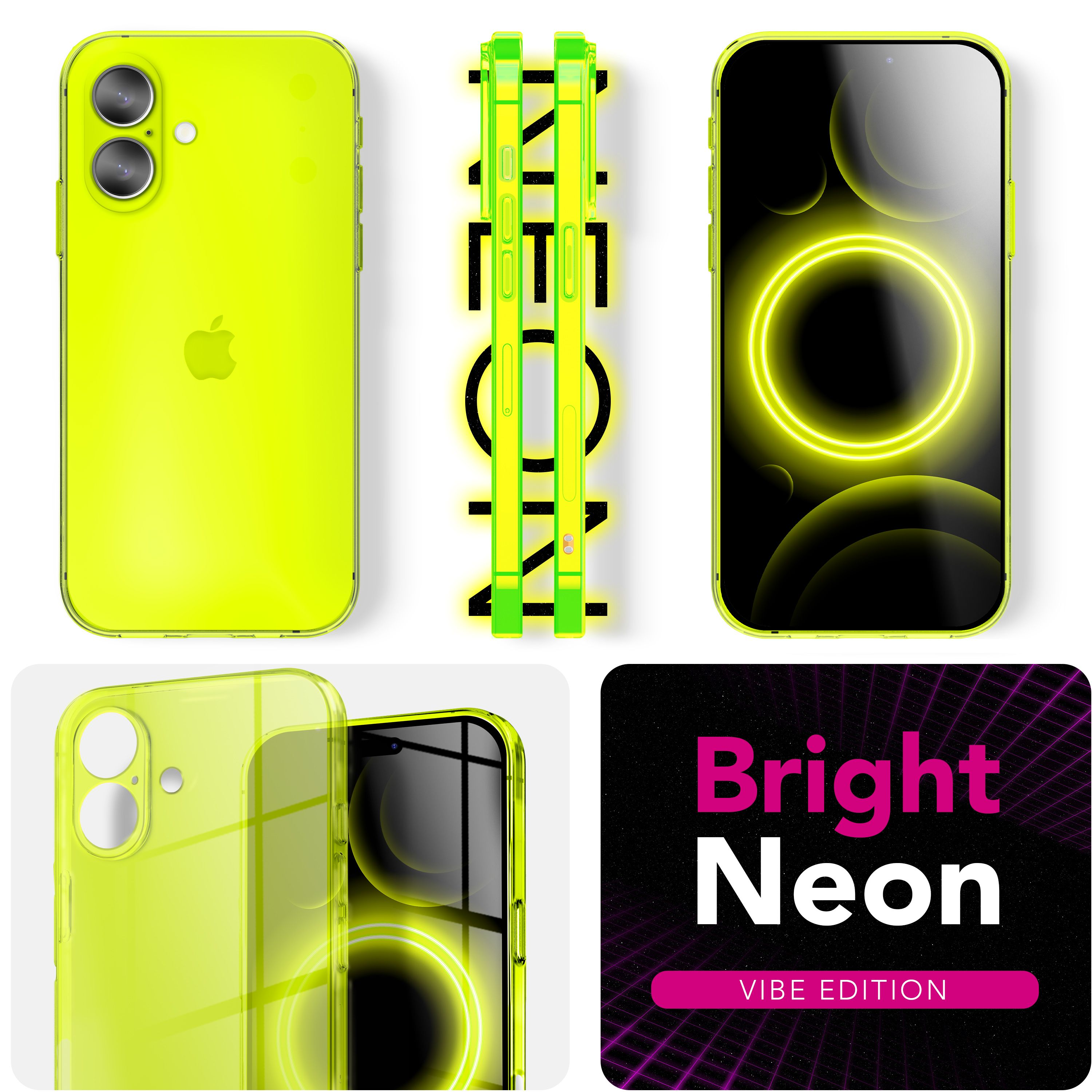 Das Bild zeigt neongrüne Handyhüllen. Eine Hülle hat das Apple-Logo. Es gibt auch ein Bright Neon-Textlogo.
