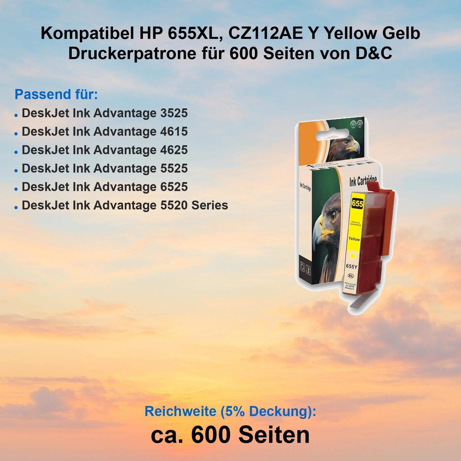 Eine Tintenpatronenbox mit gelber Patrone. Text enthält Druckerkompatibilität und Seitenausbeute.