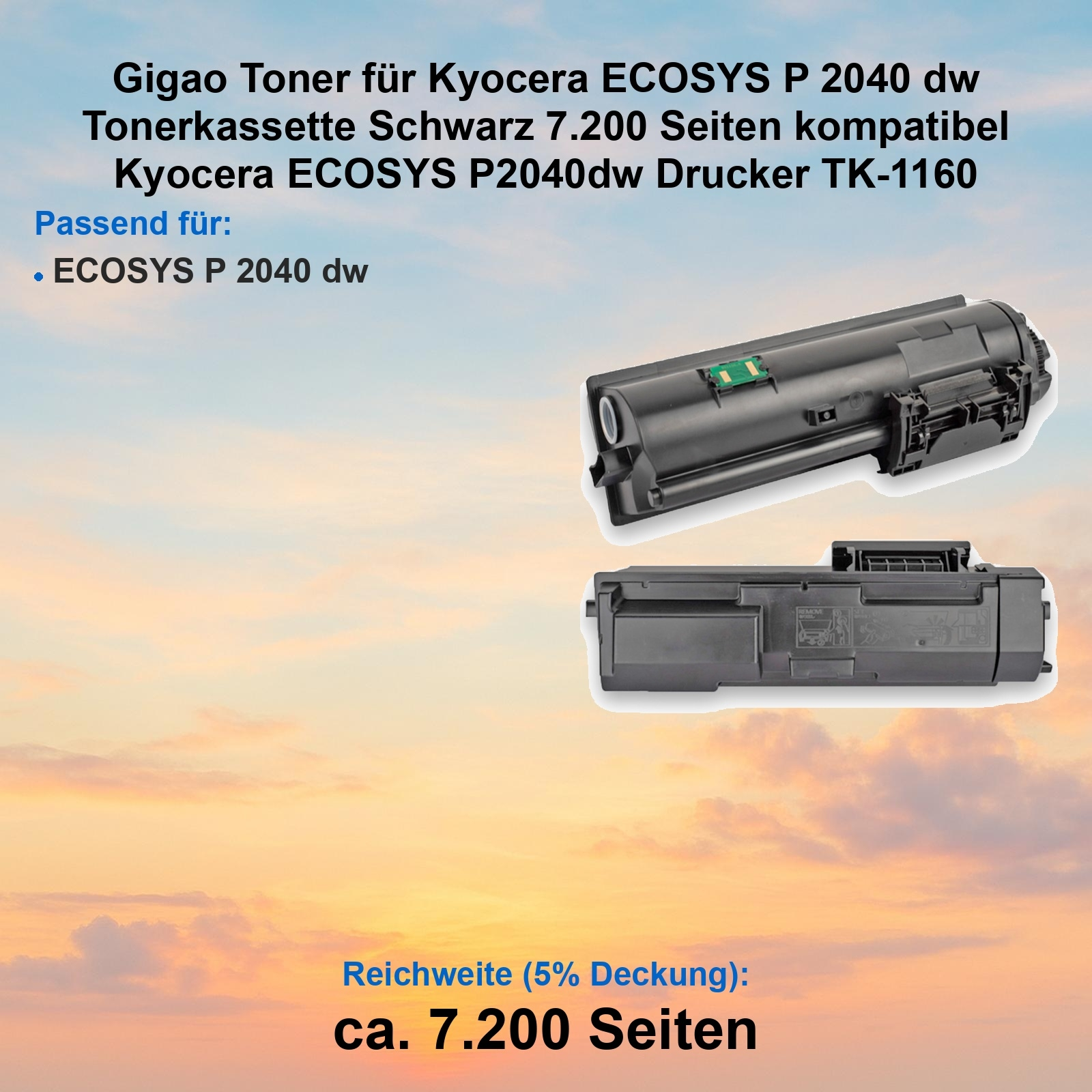 Zwei schwarze Tonerkartuschen für einen Kyocera-Drucker vor einem Himmelhintergrund. Auch Text ist vorhanden.