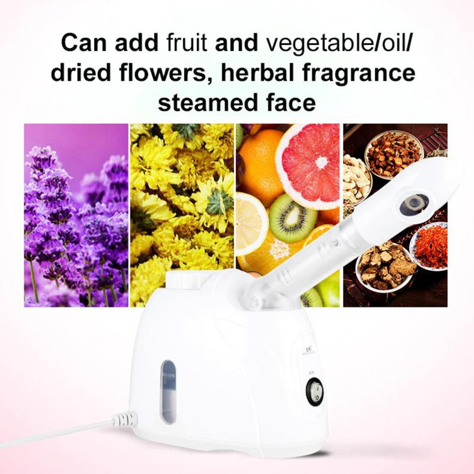 Weißer Gesichtsdampfer mit Früchten, Blumen und Kräutern im Hintergrund. Text: 'Kann Obst und Gemüse hinzufügen...gedämpftes Gesicht'.