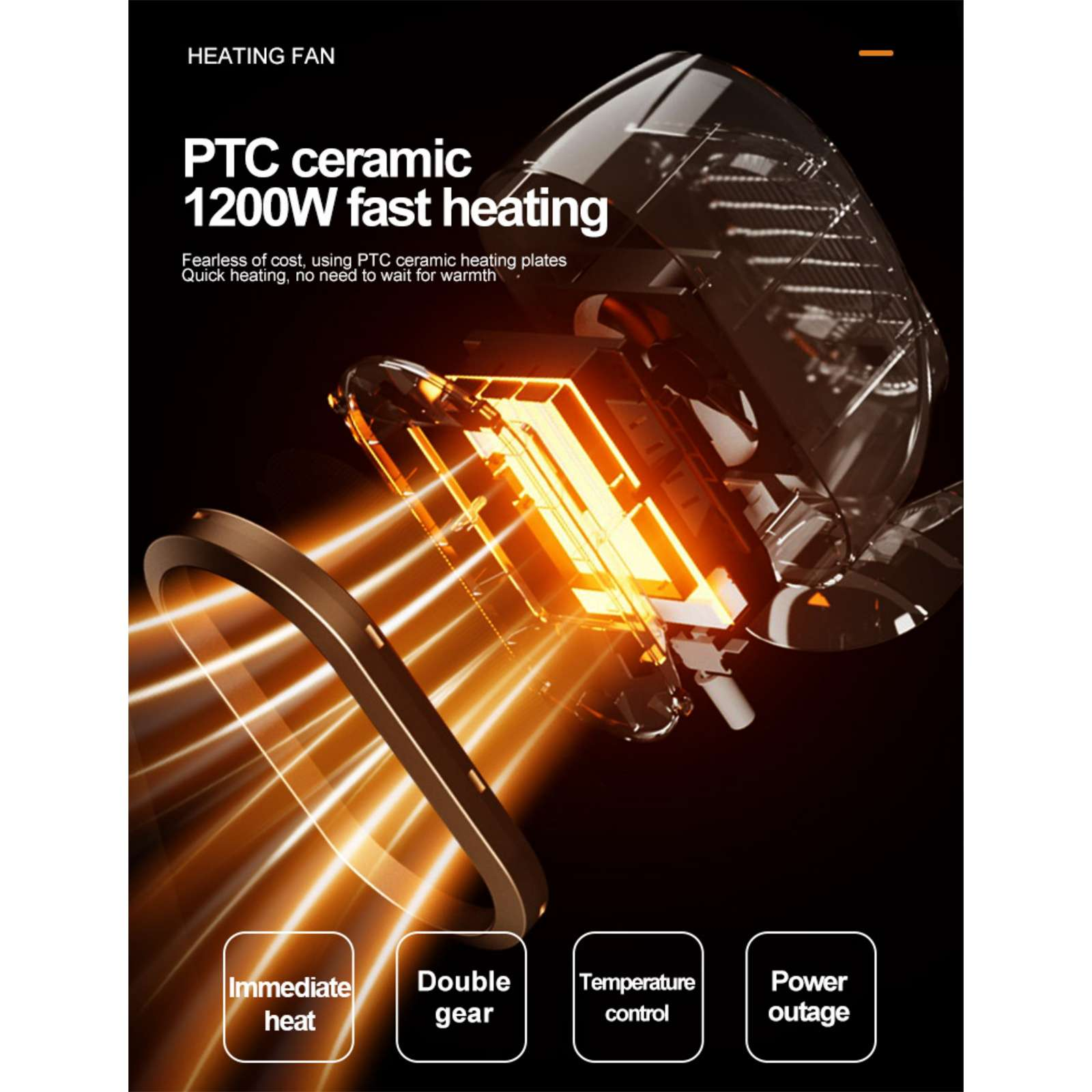 Ein Heizlüfter mit PTC-Keramik und 1200W Schnellheizung. Merkmale sind sofortige Wärme, Doppelgang, Temperaturregelung und Stromausfall.