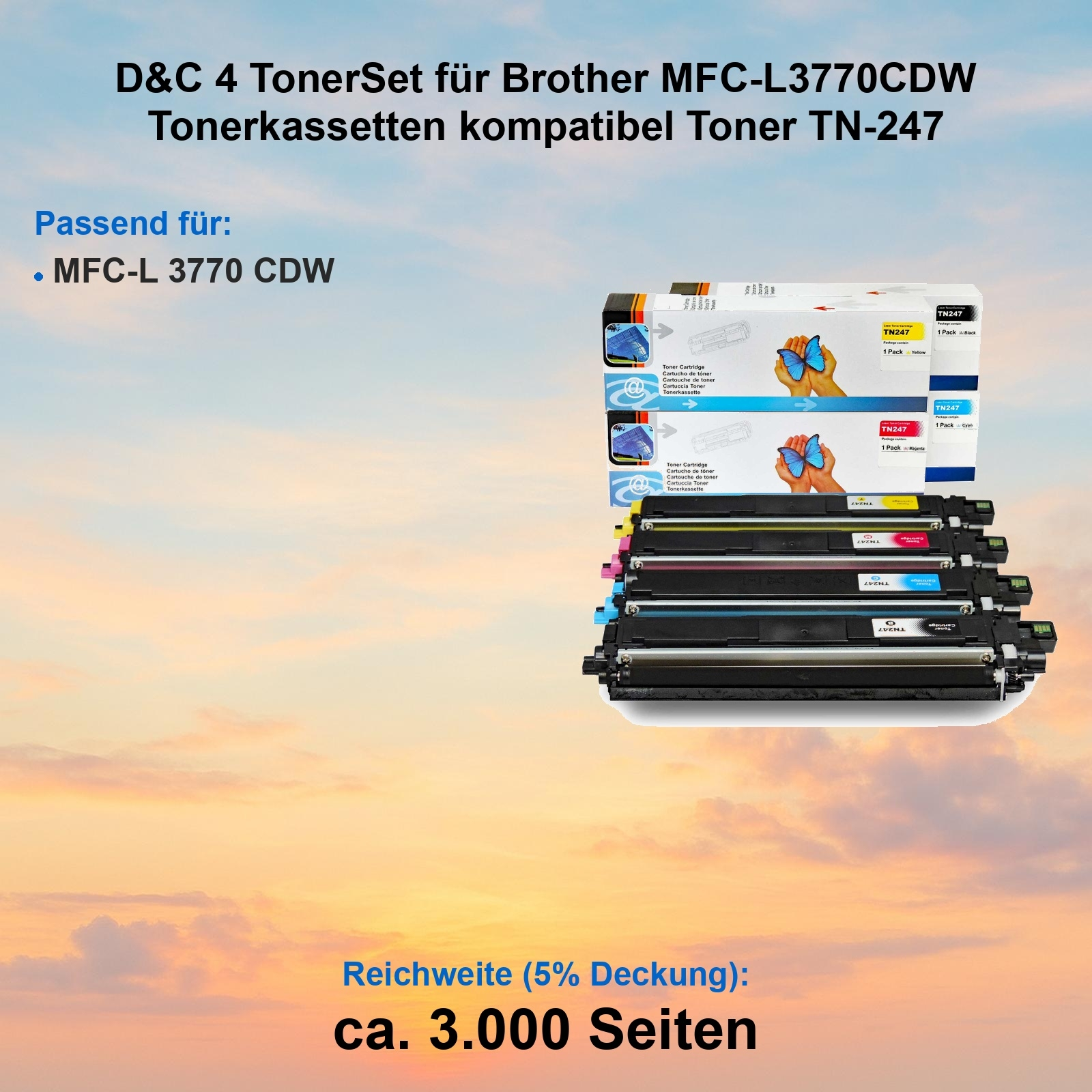 Das Bild zeigt ein Tonerset für Brother-Drucker. Kassetten in verschiedenen Farben sind zu sehen.