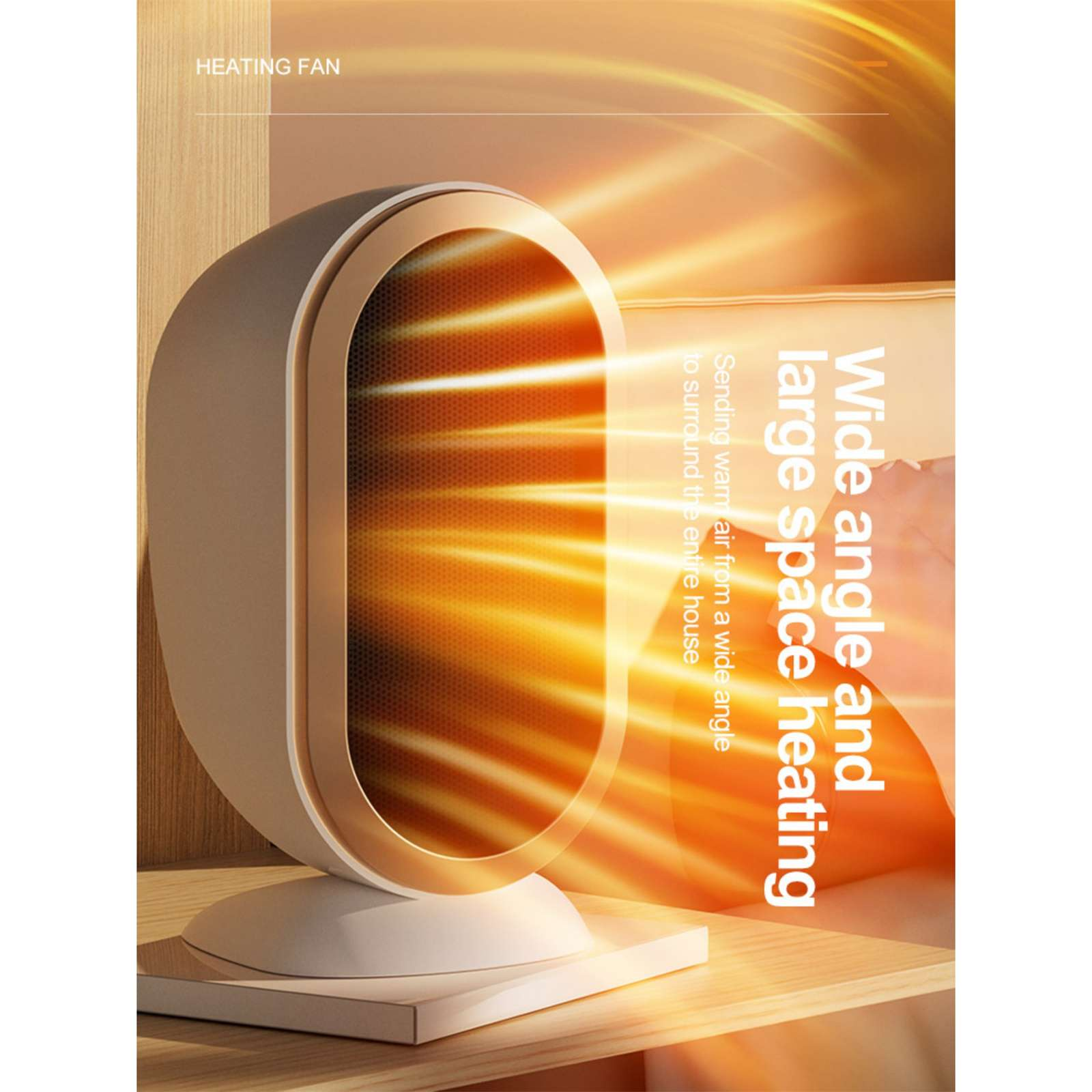 Ein weiß-goldener Heizlüfter, von dem warme Luft ausgeht. Text: Weitwinkel- und Großraumheizung.