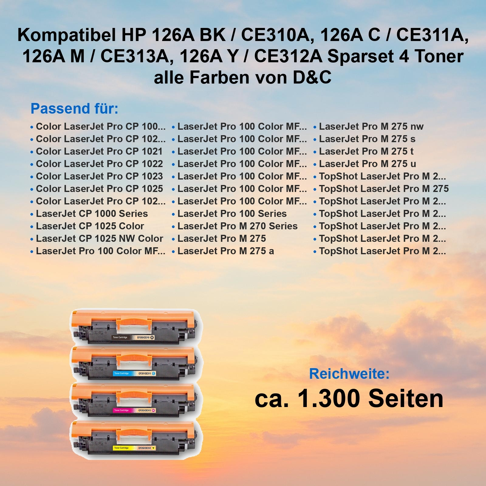 Das Bild zeigt kompatible HP-Tonerkartuschen. Text listet kompatible Drucker und Seitenleistung auf. Vier Kartuschen sind sichtbar.