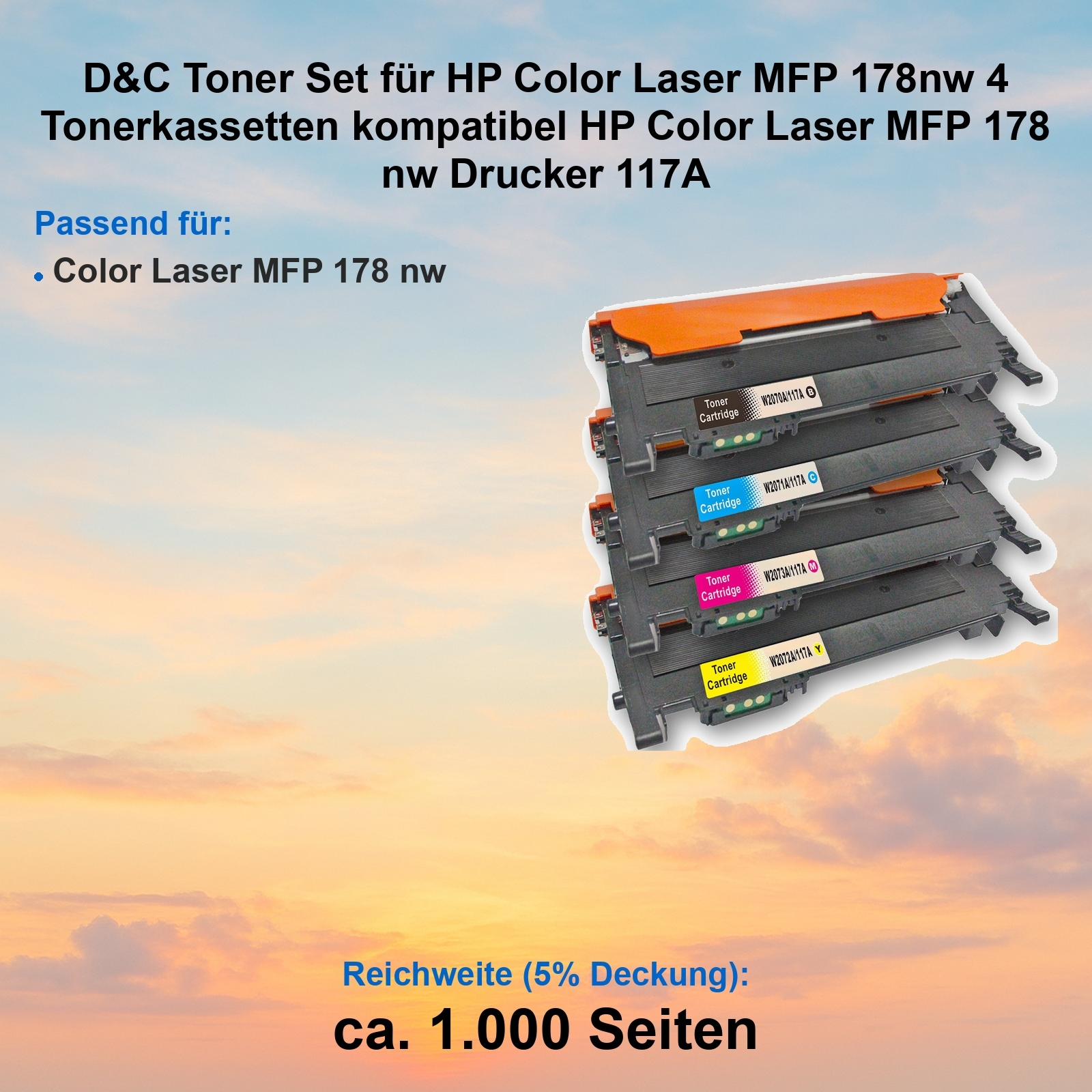Tonerpatronen für HP-Drucker. Schwarze, cyanfarbene, magentafarbene und gelbe Patronen sind gestapelt.
