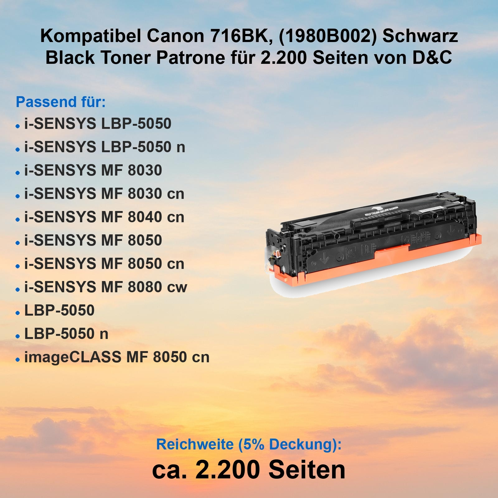 Eine schwarze Tonerkartusche mit orangen Akzenten, Text auf Deutsch. Listet kompatible Drucker und geschätzte Seitenzahl.