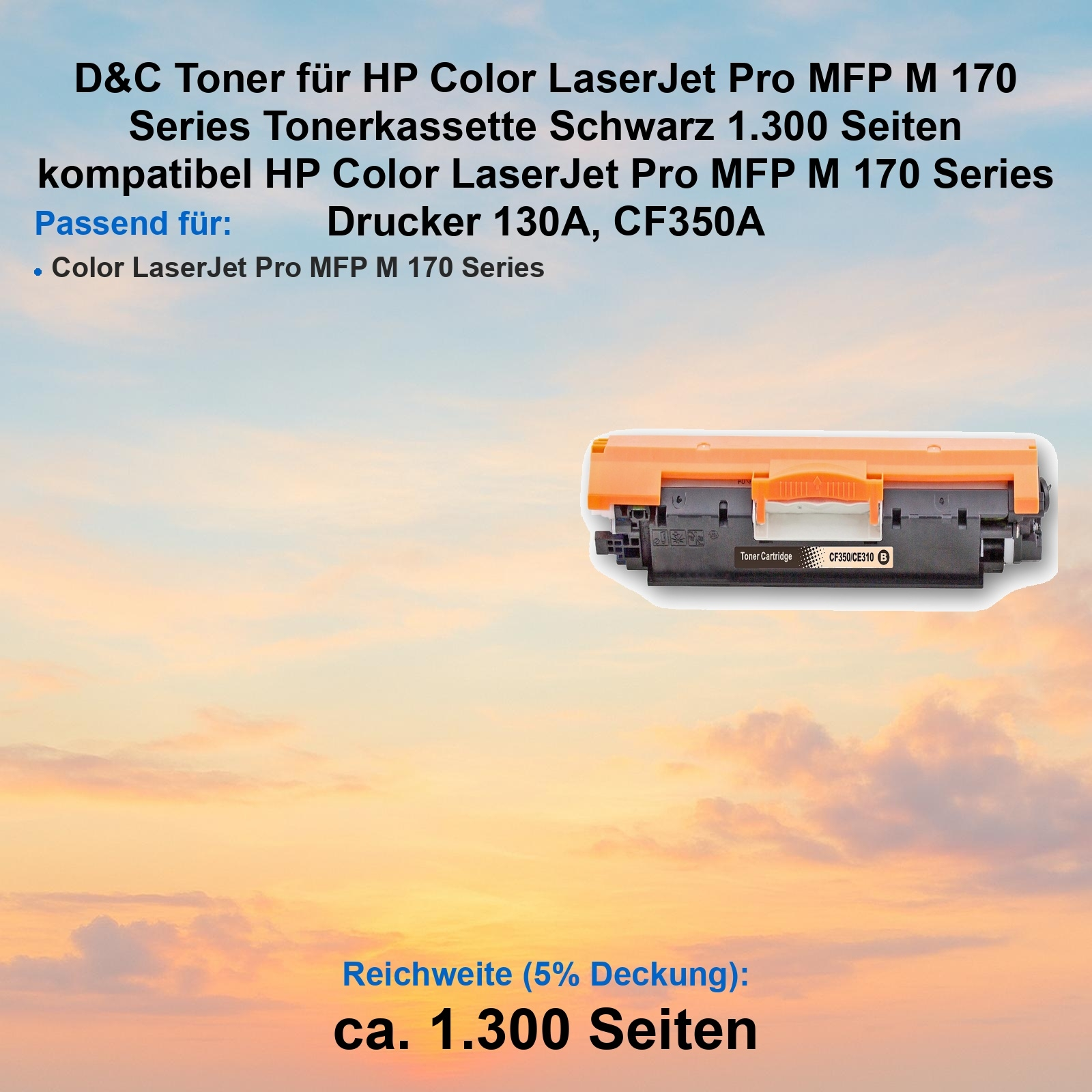Tonerkartusche für HP-Drucker. Sie ist orange und schwarz, mit Text und einem Sonnenuntergangshintergrund.