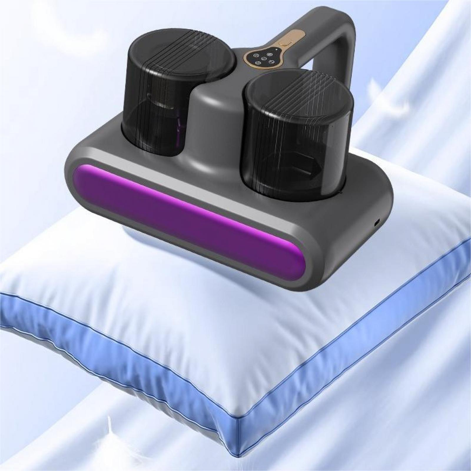 Ein grauer Kissenreiniger mit zwei schwarzen Zylindern. Es hat ein violettes Licht und liegt auf einem weißen Kissen mit blauem Rand.