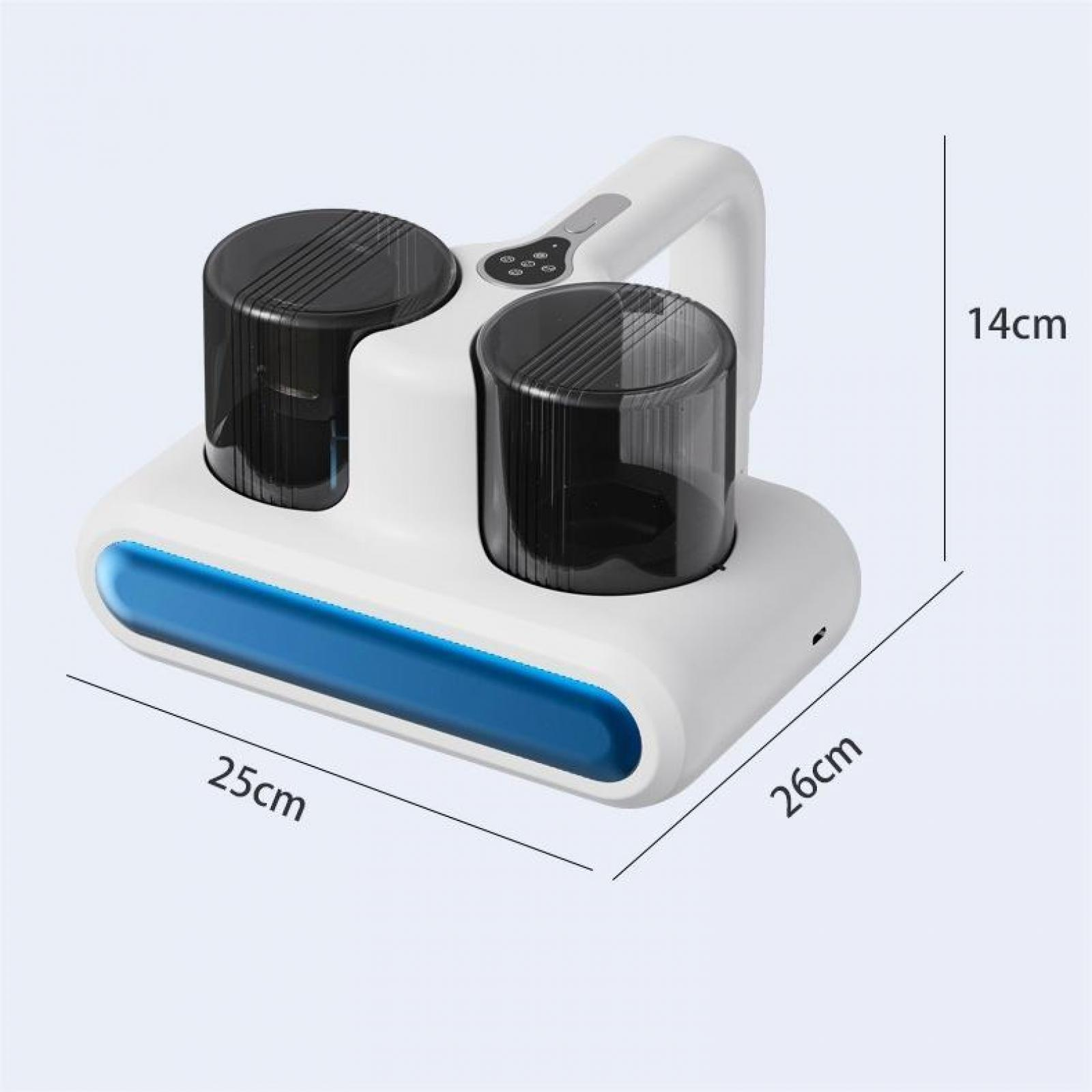 Weiß-blauer Staubsauger mit zwei schwarzen Behältern. Maße sind beschriftet: 25 cm, 26 cm und 14 cm.