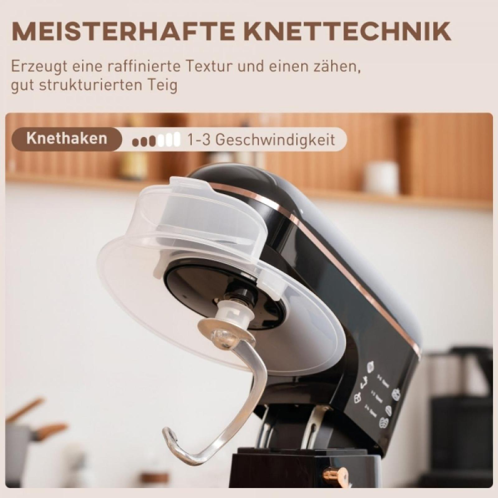 Ein schwarzer und kupferfarbener Küchenmixer mit Knethaken und einem transparenten Spritzschutz. Text: 'Knettechnik'.
