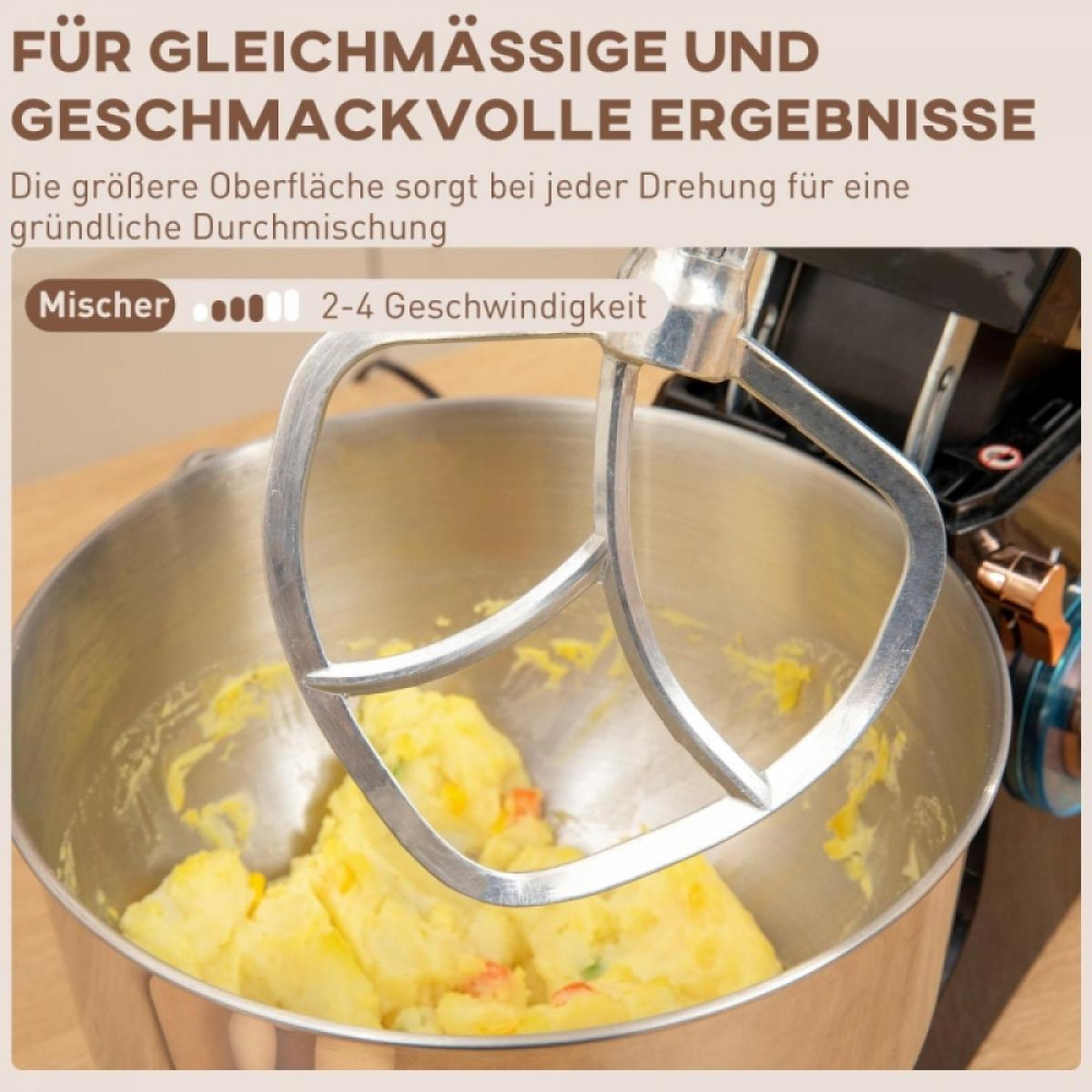 Eine Rührschüssel mit einem Mixer, der gelbes Essen verrührt. Oben steht: „Für gleichmäßige und schmackhafte Ergebnisse“.