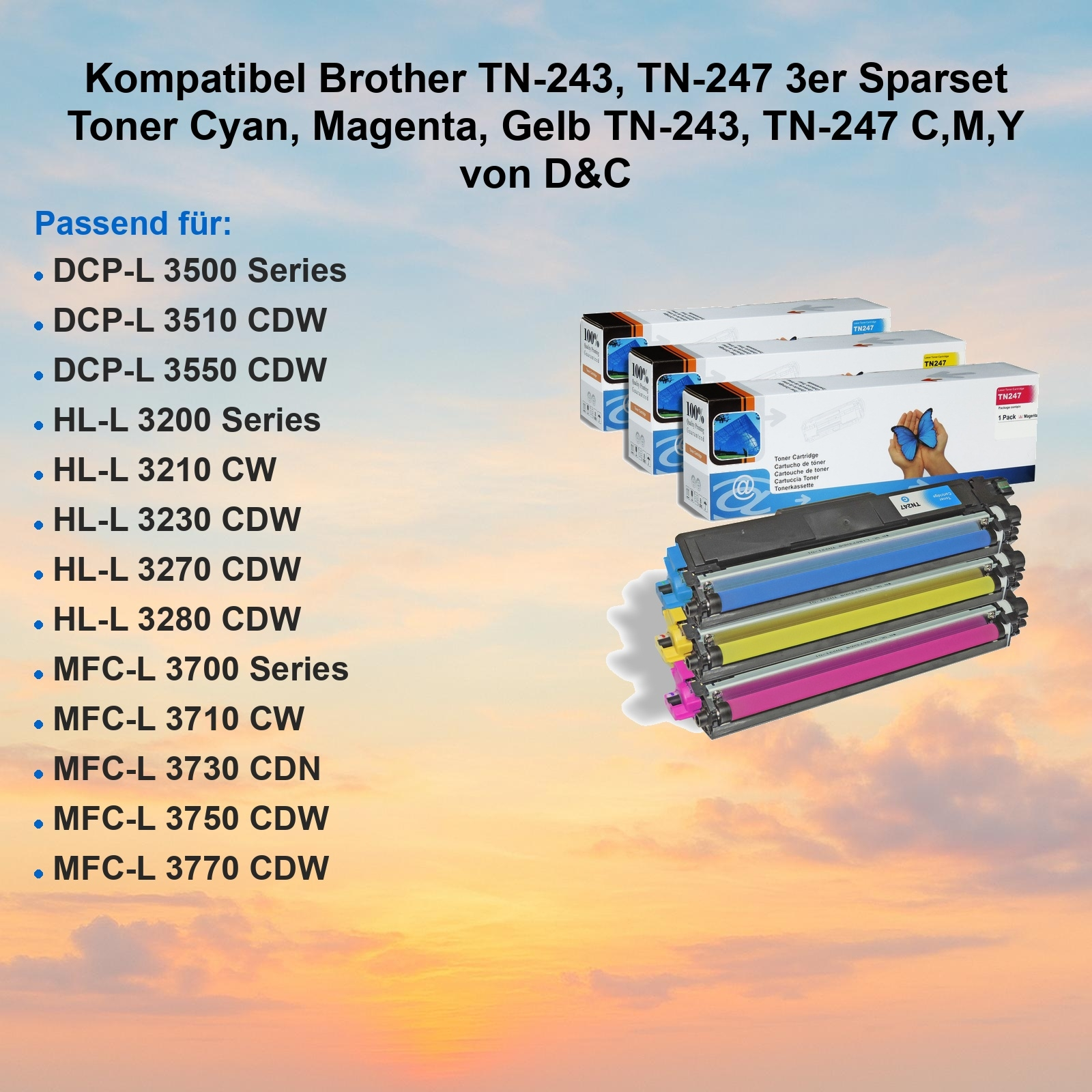 Das Bild zeigt Druckertoner-Kartuschen. Kartons und Patronen in Cyan, Magenta, Gelb. Liste der kompatiblen Brother-Druckermodelle.