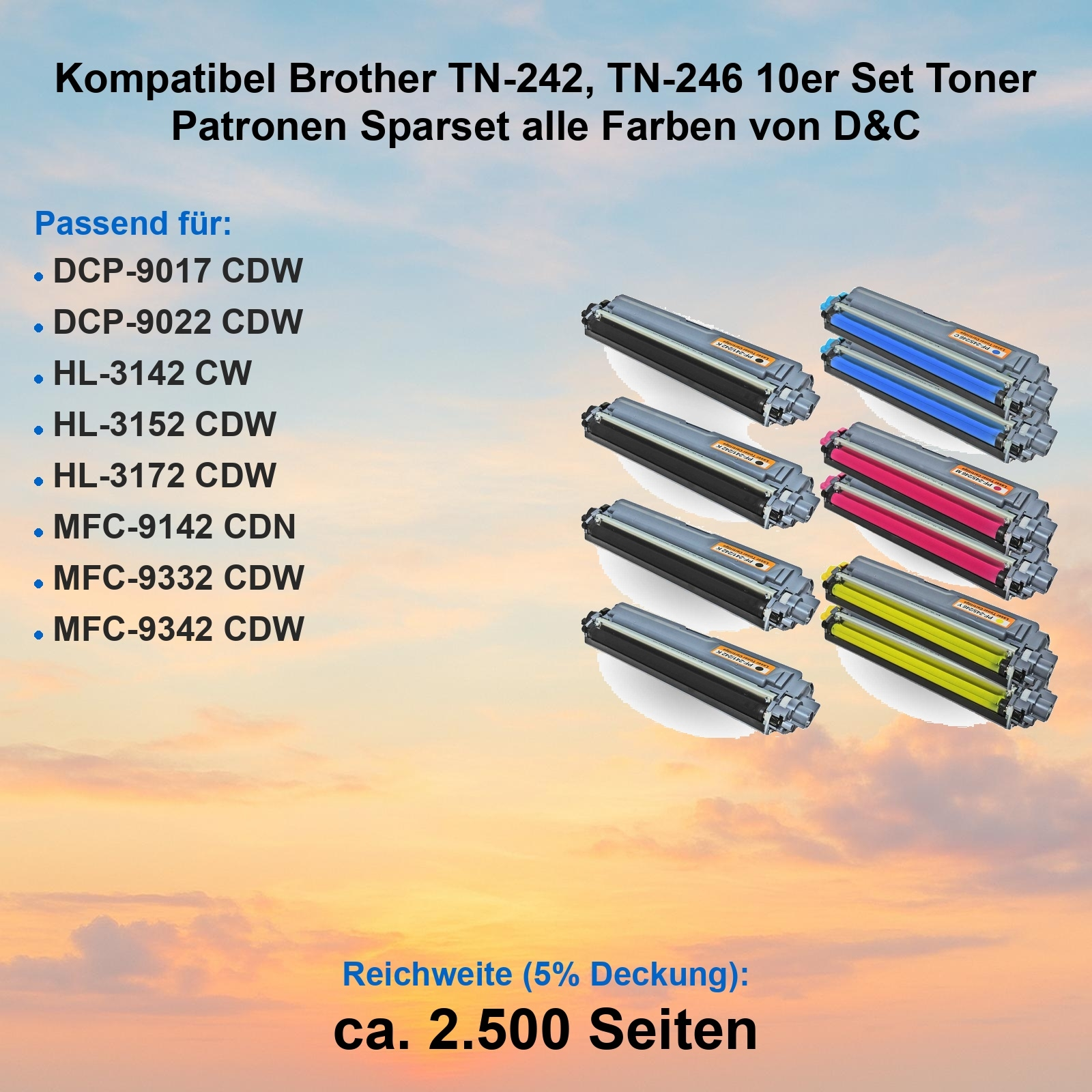 Das Bild zeigt Tonerkartuschen in verschiedenen Farben. Text listet kompatible Brother-Druckermodelle und Seitenausbeute.