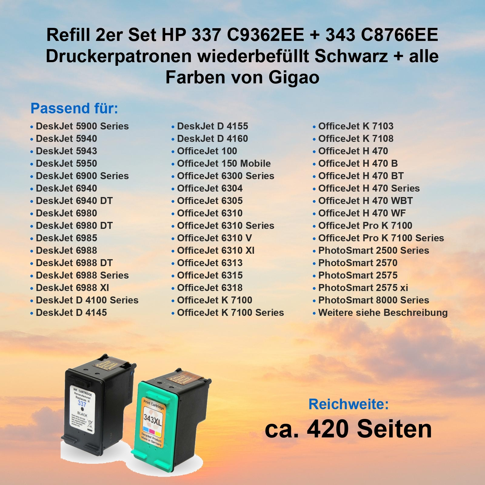 Das Bild zeigt Druckerpatronen, eine Liste kompatibler Drucker und den Text 'ca. 420 Seiten'.