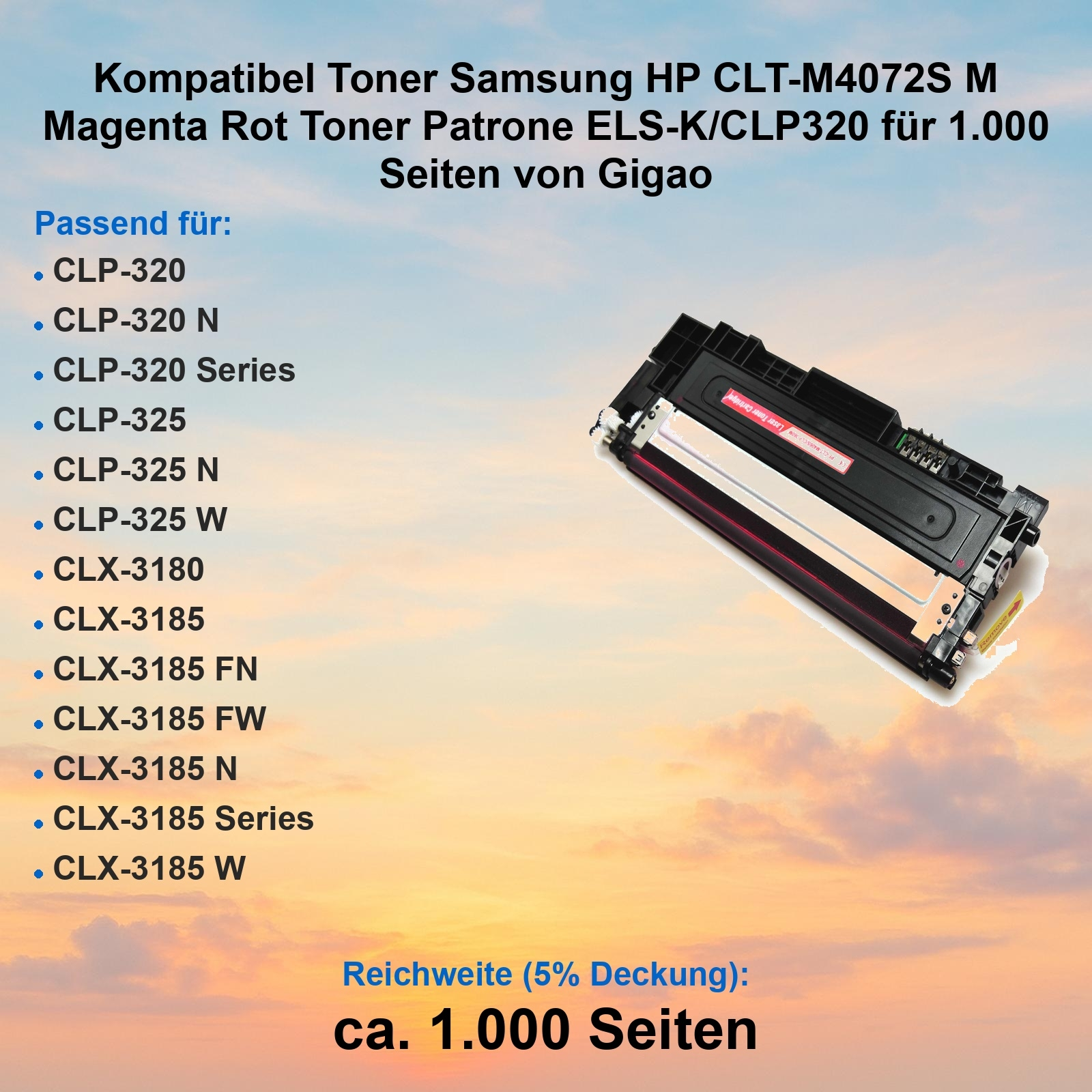 Ein schräges Bild zeigt eine schwarze und rote Tonerkartusche. Text listet kompatible Druckermodelle und Seitenausbeute: ca. 1.000 Seiten.