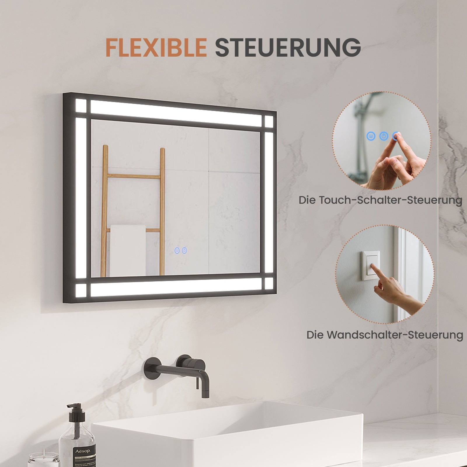 Ein beleuchteter Spiegel über einem Waschbecken mit Touch- und Wandschalter. Ein Handtuchhalter ist sichtbar. Der Hintergrund ist Marmor.