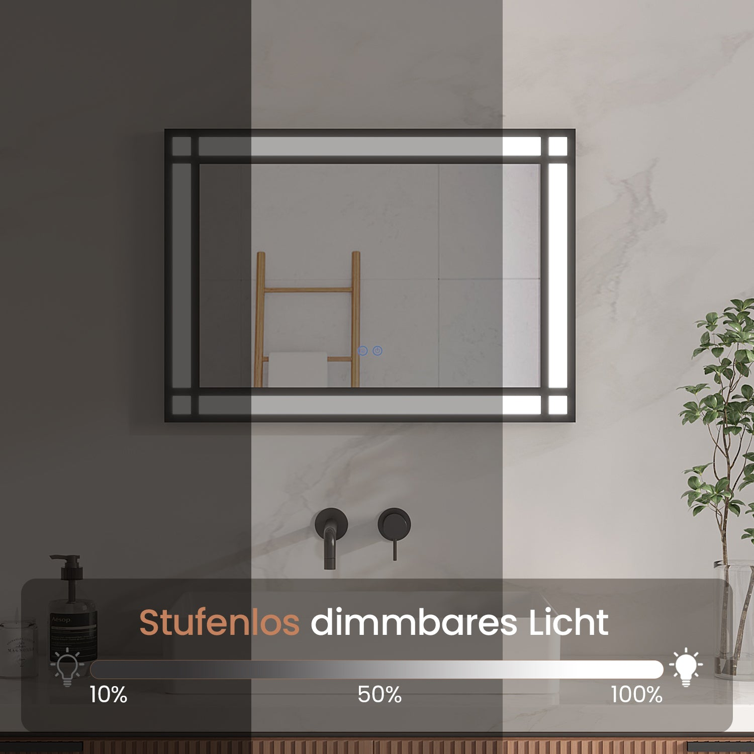 Spiegel in einem Badezimmer mit einstellbarer Beleuchtung. Text: 'Stufenlos dimmbares Licht' mit Helligkeitsanzeigen von 10% bis 100%.