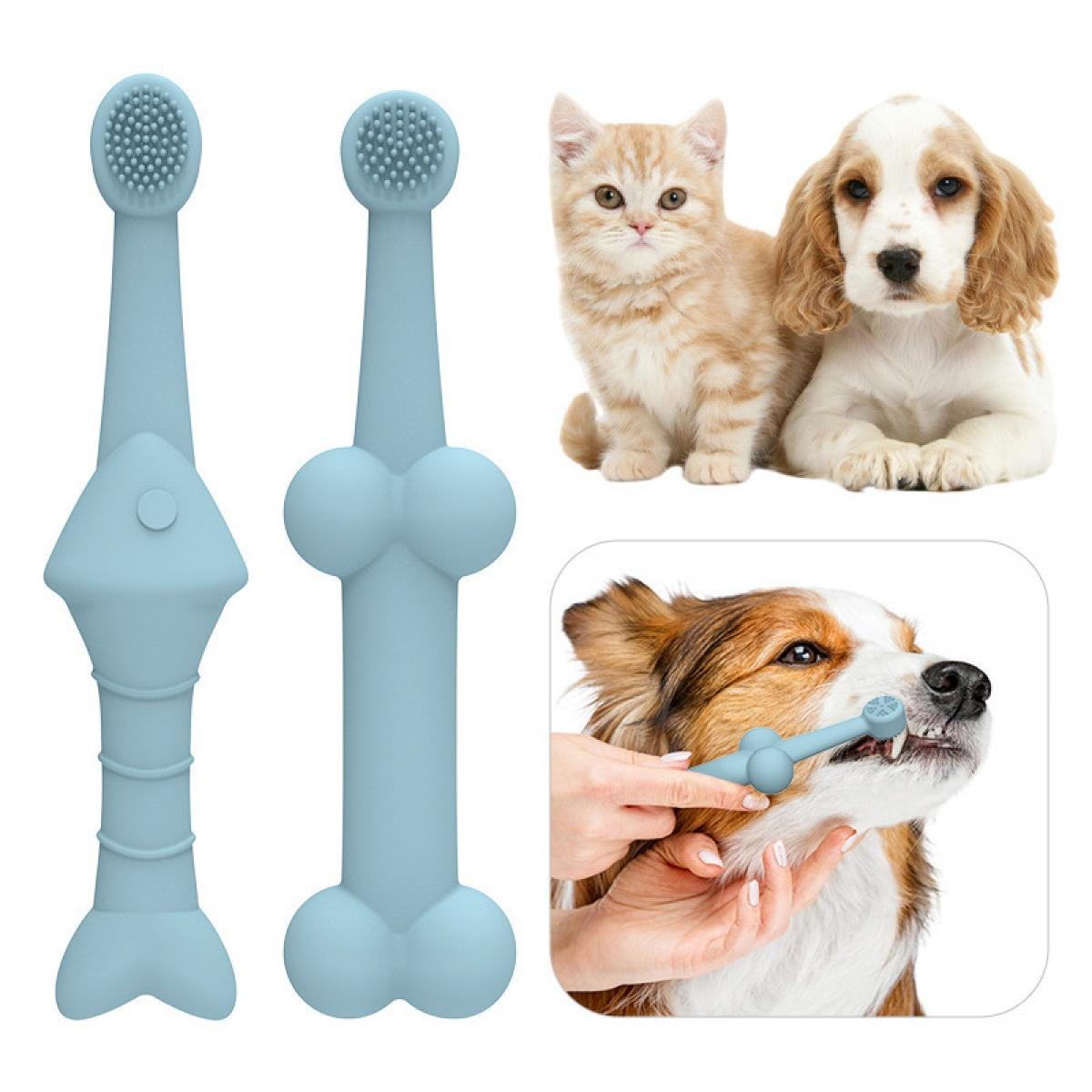 Das Bild zeigt blaue Hundezahnbürsten, eine Katze, einen Welpen und einen Hund, der mit der Zahnbürste geputzt wird.