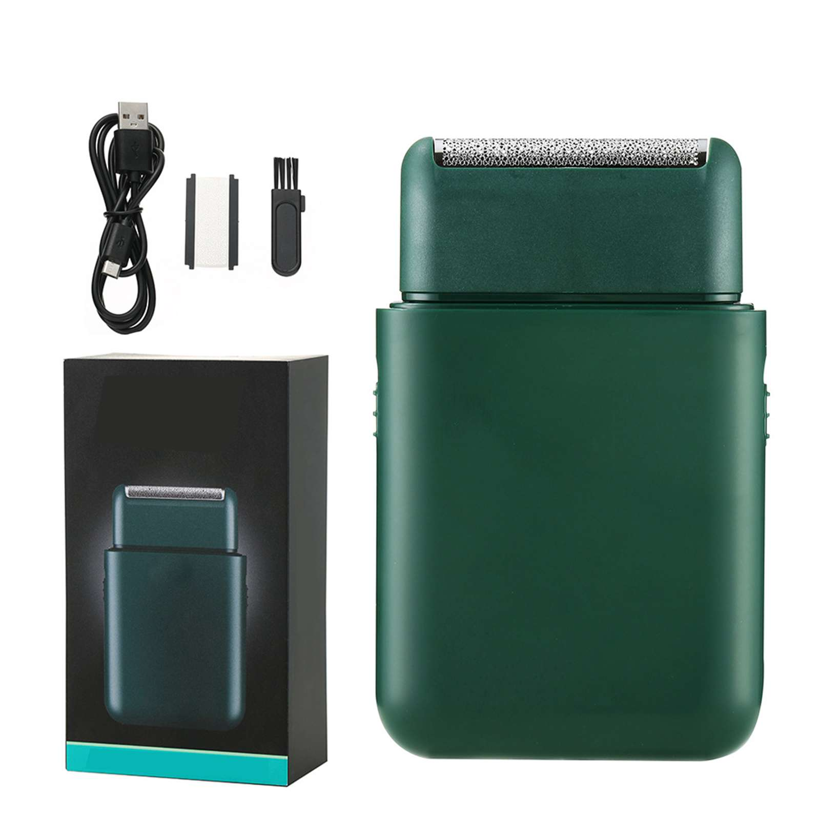 Grüner Elektrorasierer, USB-Kabel, Reinigungsbürste und Box. Rasierer liegt auf der Seite.