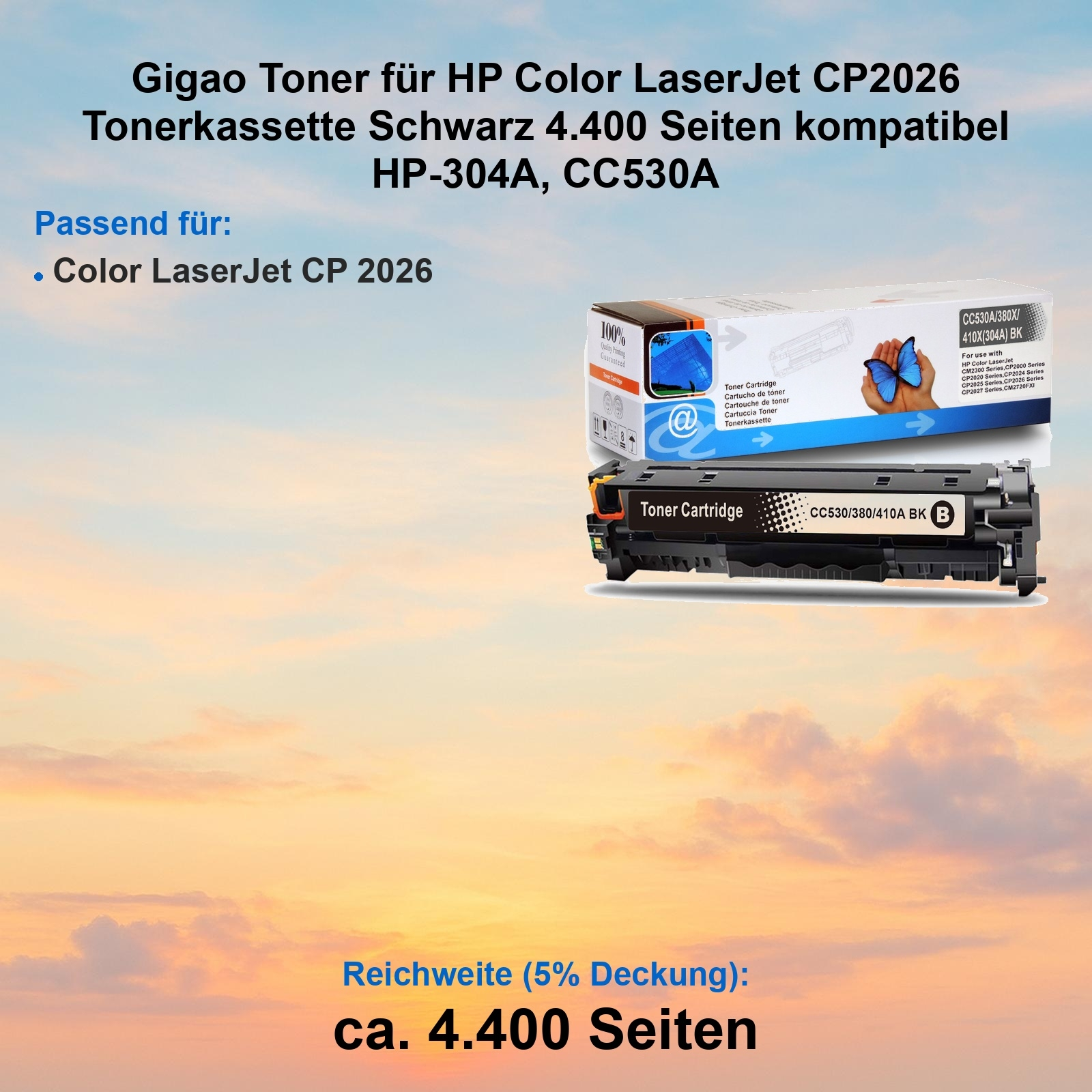 Das Bild zeigt eine Tonerkassette für HP-Drucker. Text enthält Produktdetails, kompatible Modelle und ein Schmetterlingsbild.