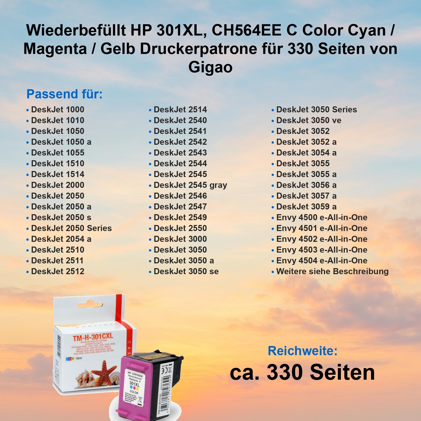 Tintenpatronen, Magenta und Cyan. Listen kompatibler Druckermodelle. Text: 330 Seiten. Box: TM-H-301CXL.