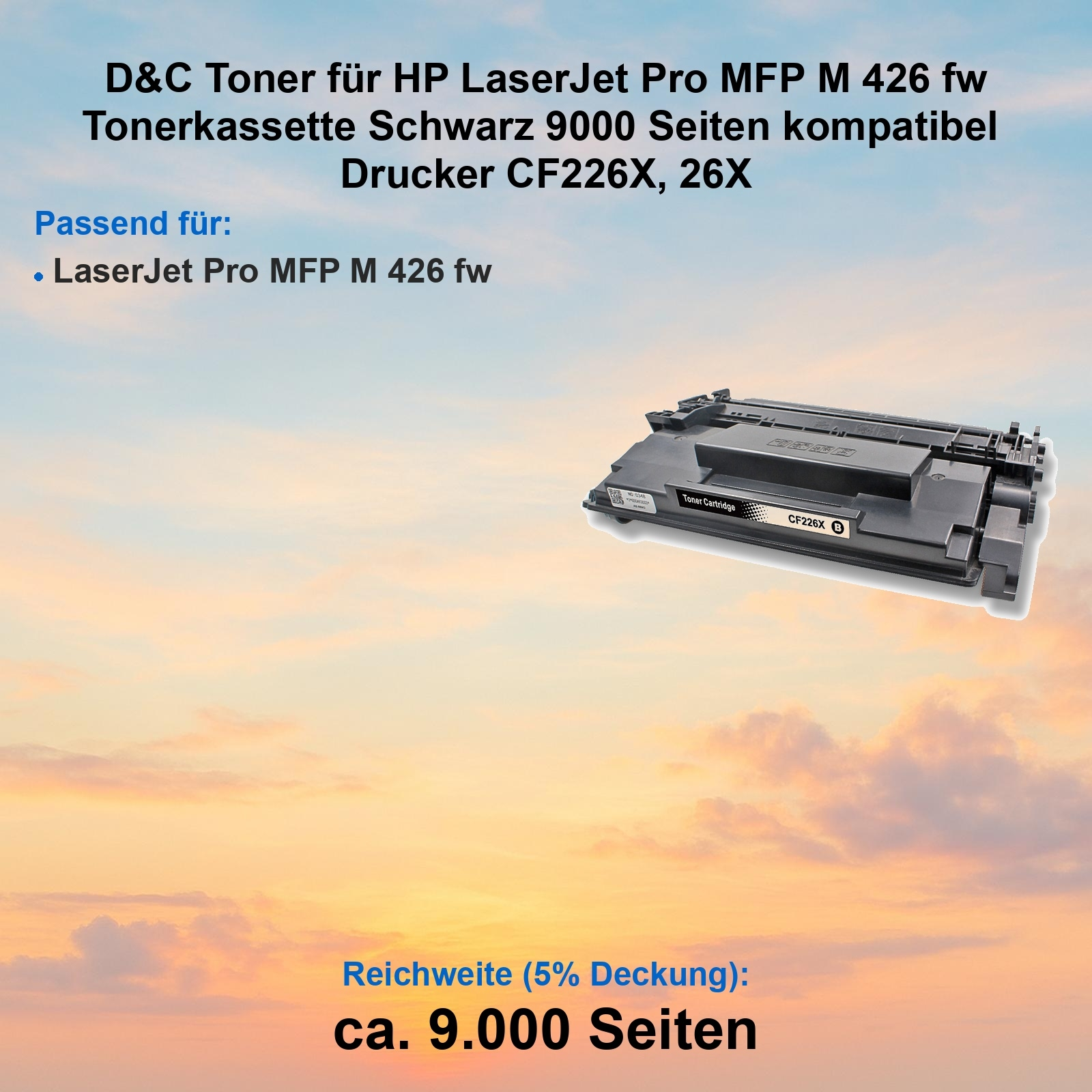 Eine Tonerkartusche für einen Drucker. Der Hintergrund ist ein Sonnenuntergang.