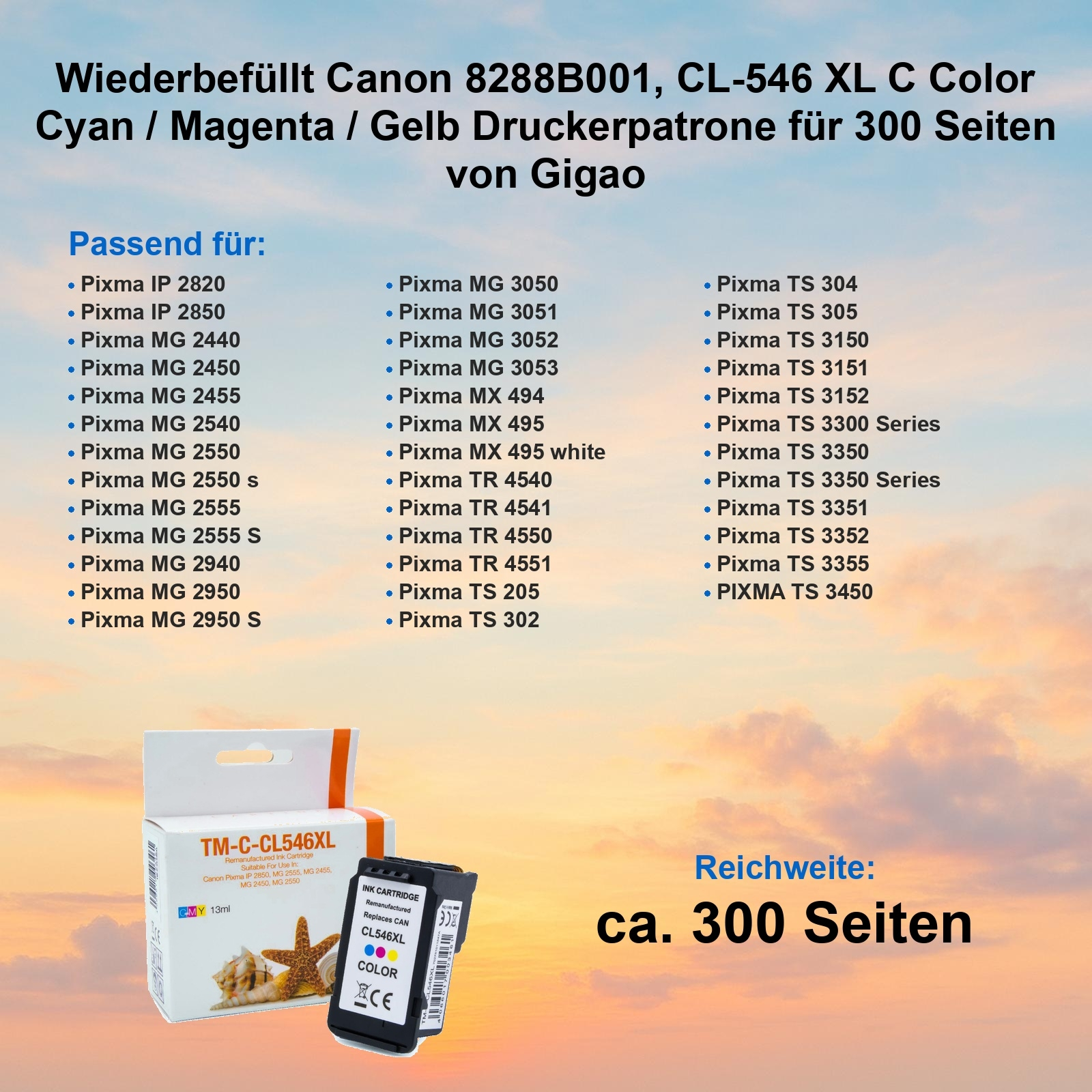 Kartuschenbox mit Druckerpatrone, Produktdetails und einer Liste kompatibler Druckermodelle.