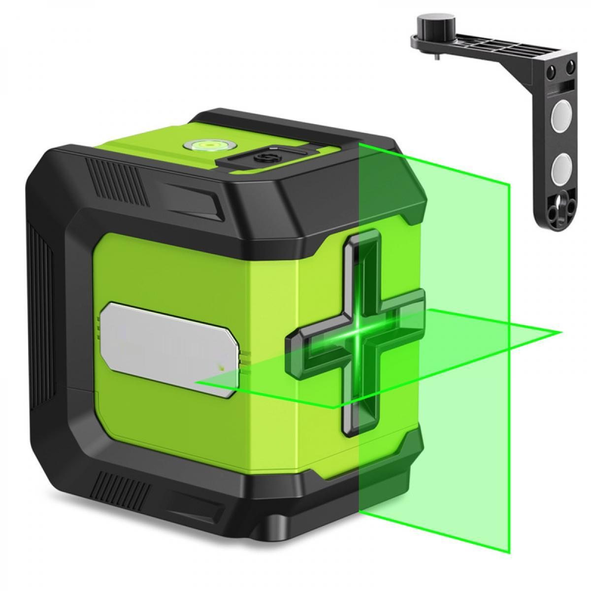 Ein grünes Laserwasserwaage mit schwarzem Rahmen projiziert ein grünes Kreuz und eine vertikale Linie. Rechts befindet sich eine schwarze Halterung.