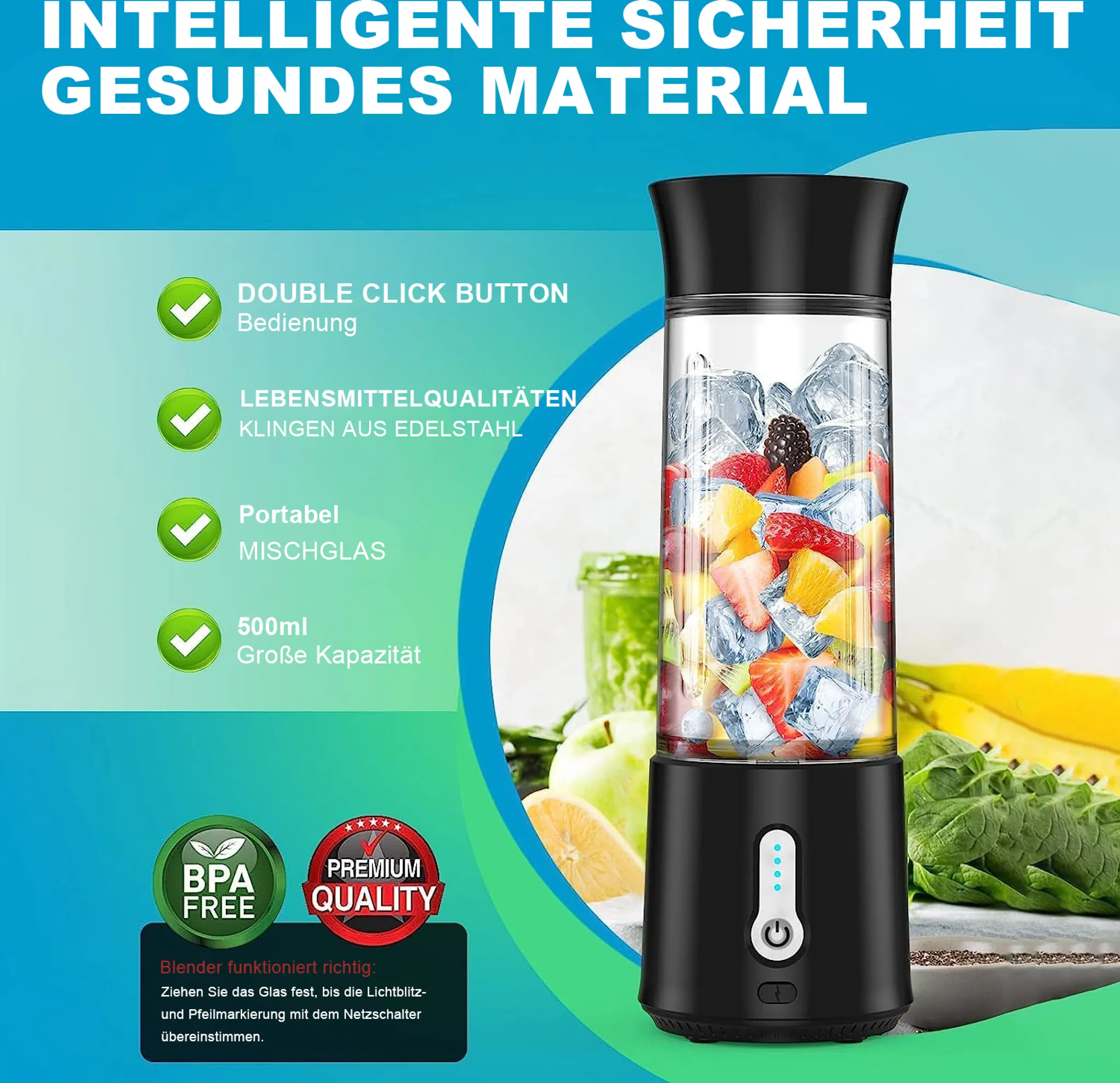 Schwarzer Mixer mit Früchten. Text: Doppelklick-Taste, 500 ml, BPA-frei. Grüner und gelber Hintergrund.