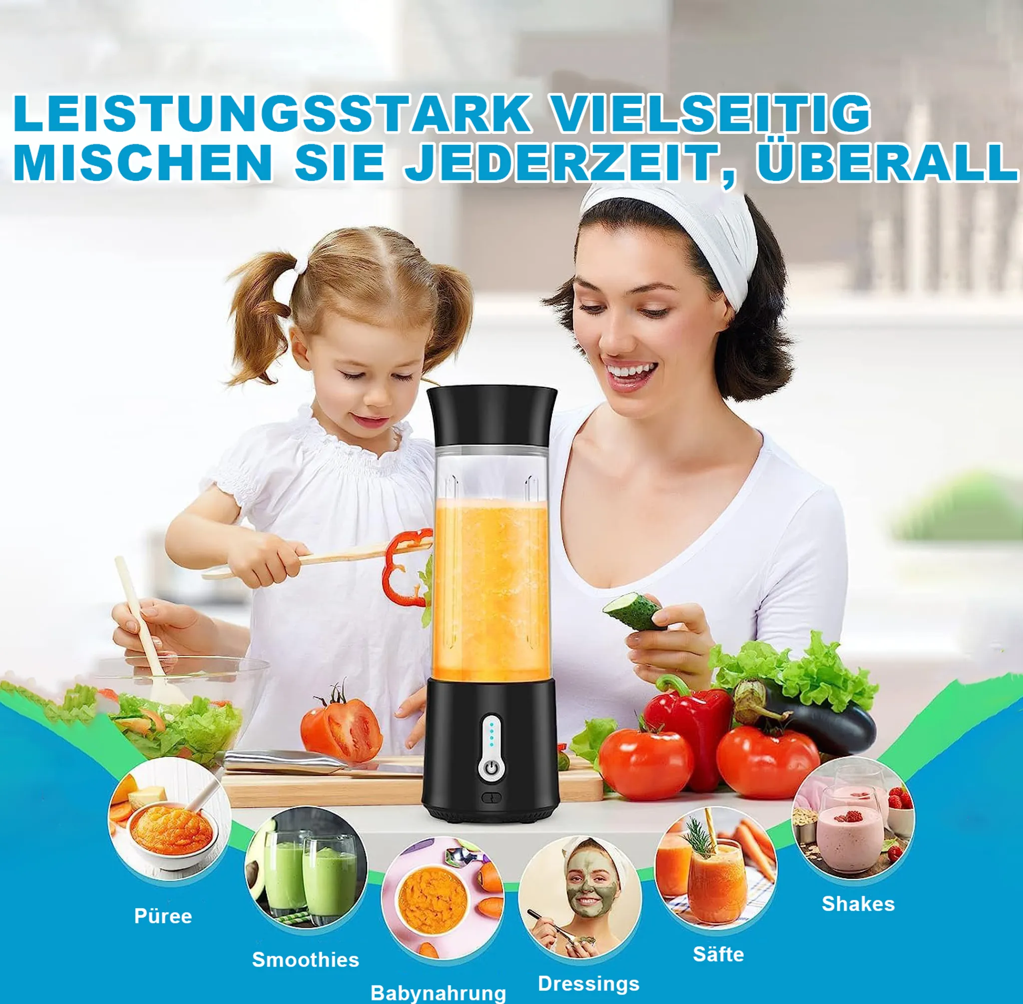 Eine Frau und ein Kind mit einem Mixer, Gemüse. Unten sind Bilder von Püree, Smoothies und Shakes.