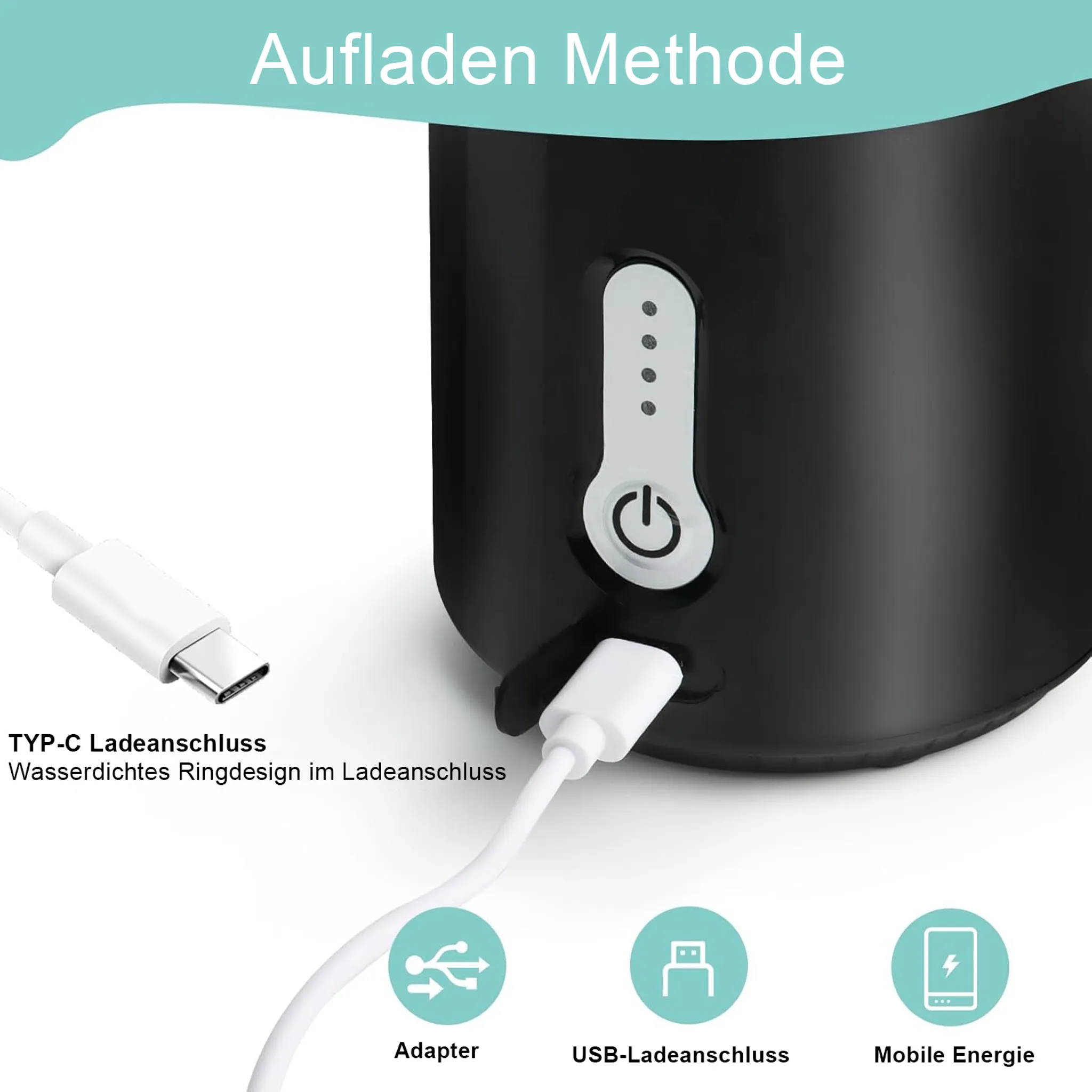 Ein schwarzes Gerät mit einem eingesteckten weißen Kabel. Der Text lautet 'Aufladen Methode' und 'TYP-C Ladeanschluss'.
