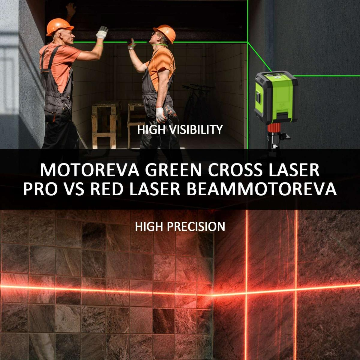 Zwei Bauarbeiter verwenden eine grüne Laserwaage. Das Bild zeigt den Laserstrahl und das verwendete Gerät. Ein roter Laserstrahl ist ebenfalls zu sehen.