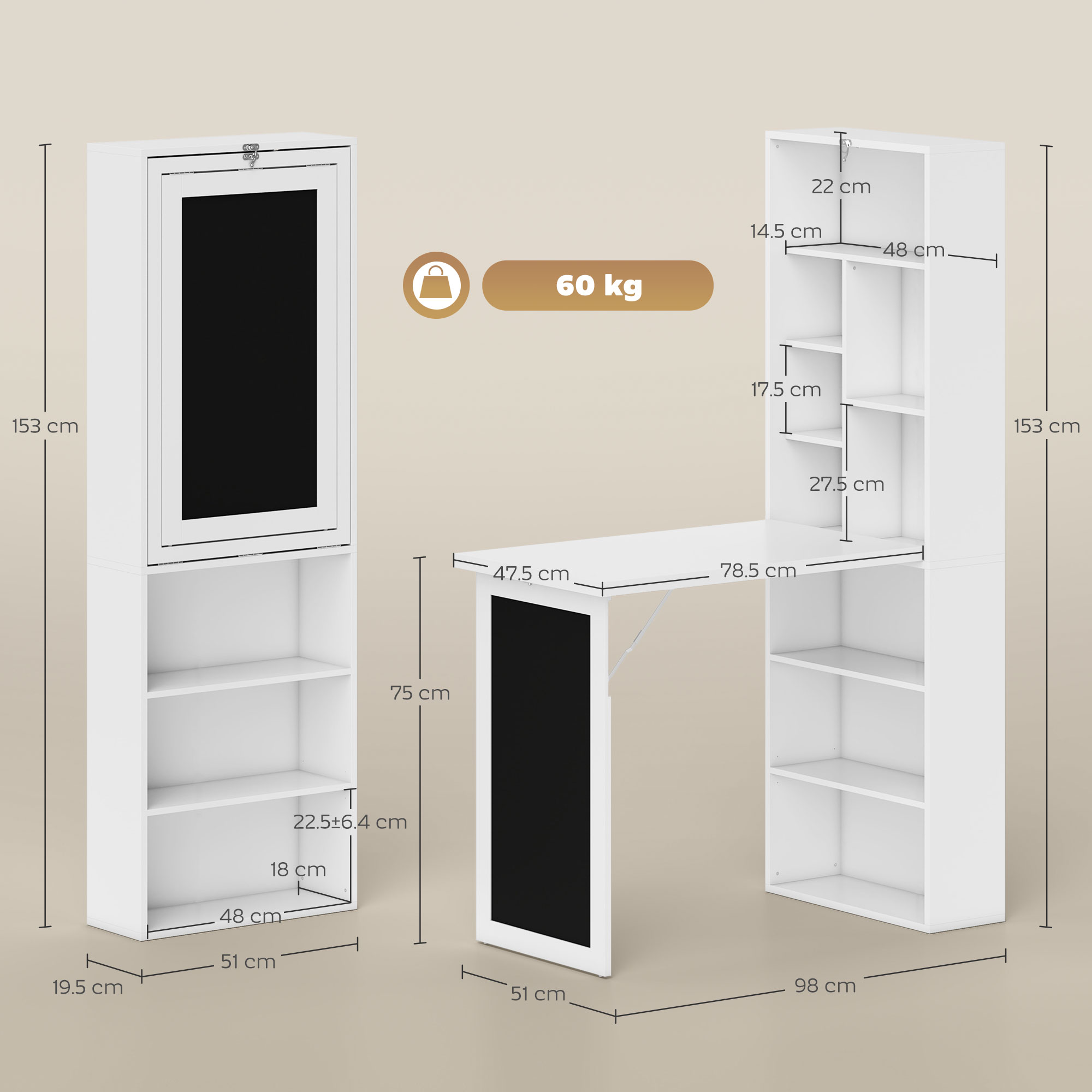 Un mobile bianco con scrivania a scomparsa e ripiani. Ha una porta nera e una lavagna. Le dimensioni sono indicate.
