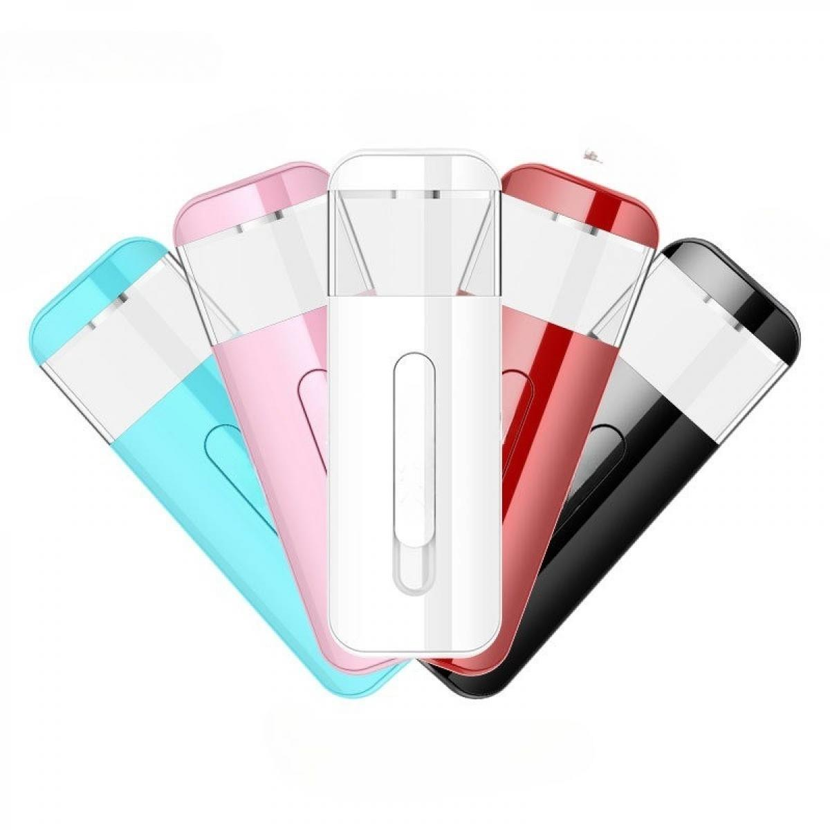 Fünf farbenfrohe Gesichtssprays: weiß, rosa, rot, schwarz und türkis. Jedes hat einen transparenten Deckel und ein gebogenes Design.