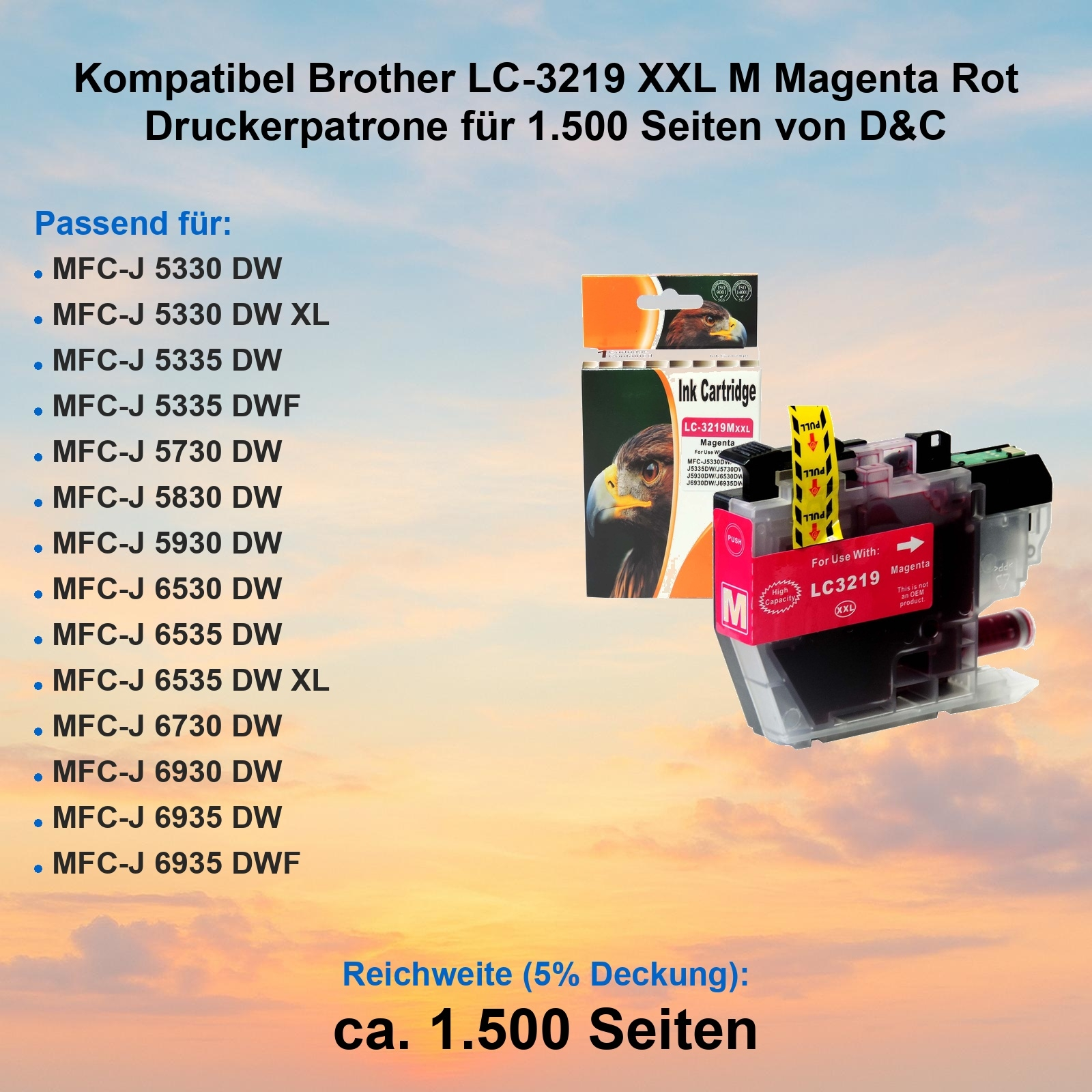 Magenta-Tintenpatrone für Brother-Drucker. Enthält Patrone, Karton und Produktinfo. Hintergrund ist ein Sonnenuntergang.