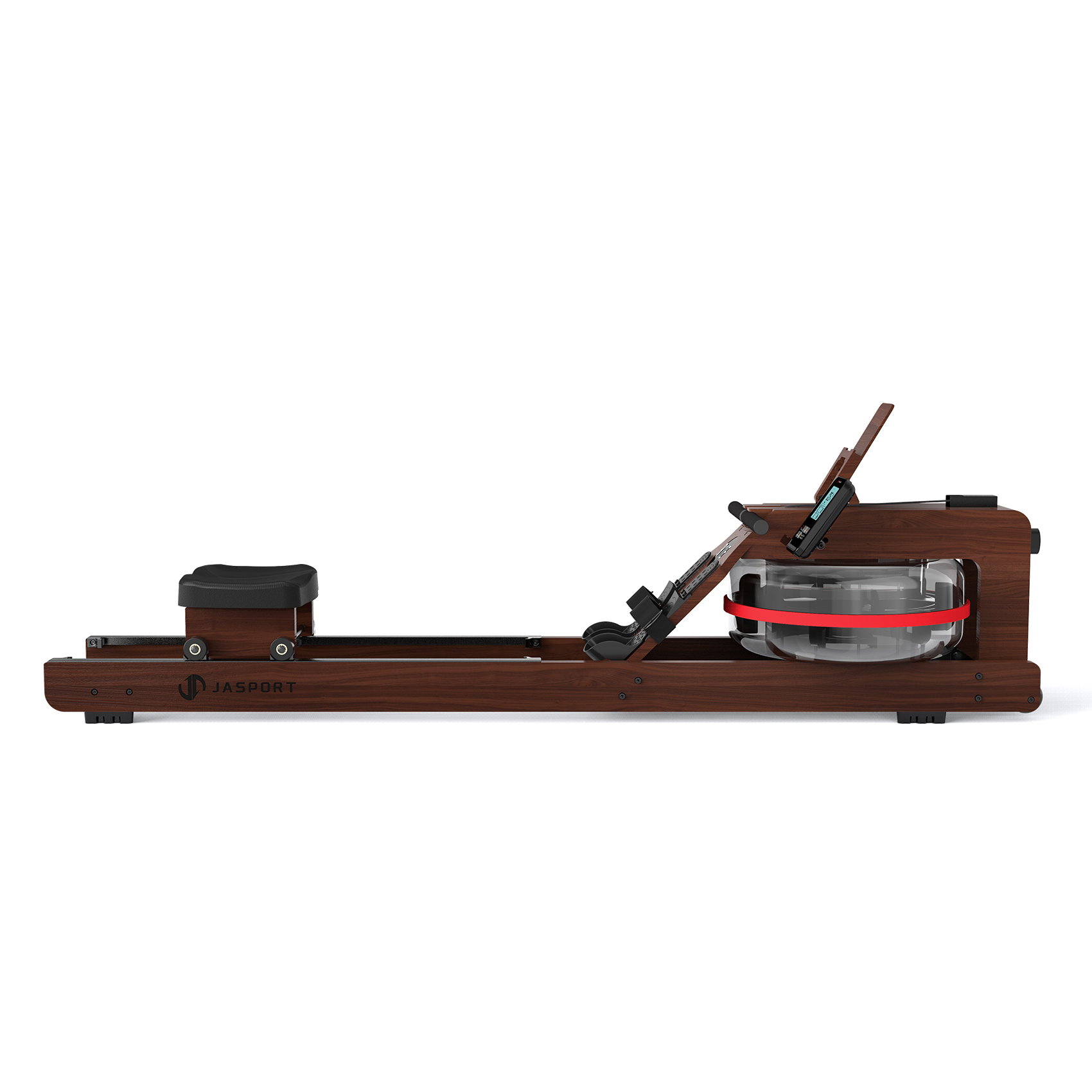 Un vogatore in legno su sfondo bianco. Ha un sedile nero e un serbatoio dell'acqua con una linea rossa.