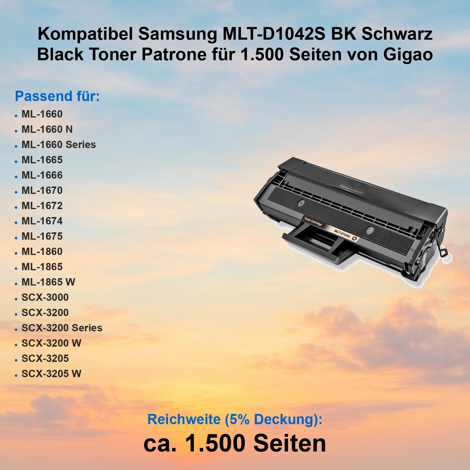 Eine schwarze Tonerkartusche mit Produktdetails und einer Liste kompatibler Drucker, vor einem orange-blauen Hintergrund.