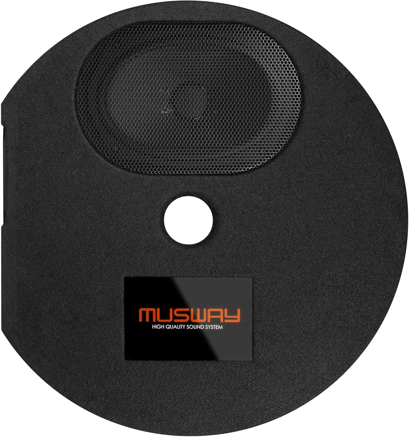 Schwarze Lautsprecherkomponente mit Mesh-Gitter, weißem Loch und orangefarbenem 'MUSWAY'-Logo auf schwarzem Hintergrund. Hochwertiges Soundsystem.