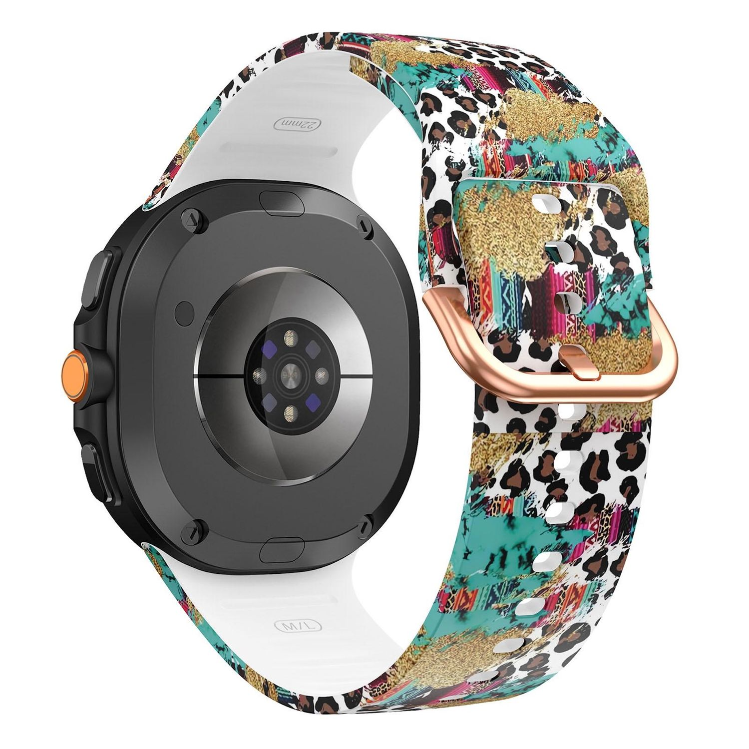 Eine Smartwatch mit buntem Armband. Das Armband hat einen Mix aus Leopardenmuster, Türkis, Gold und anderen Mustern. Die Uhr ist schwarz.