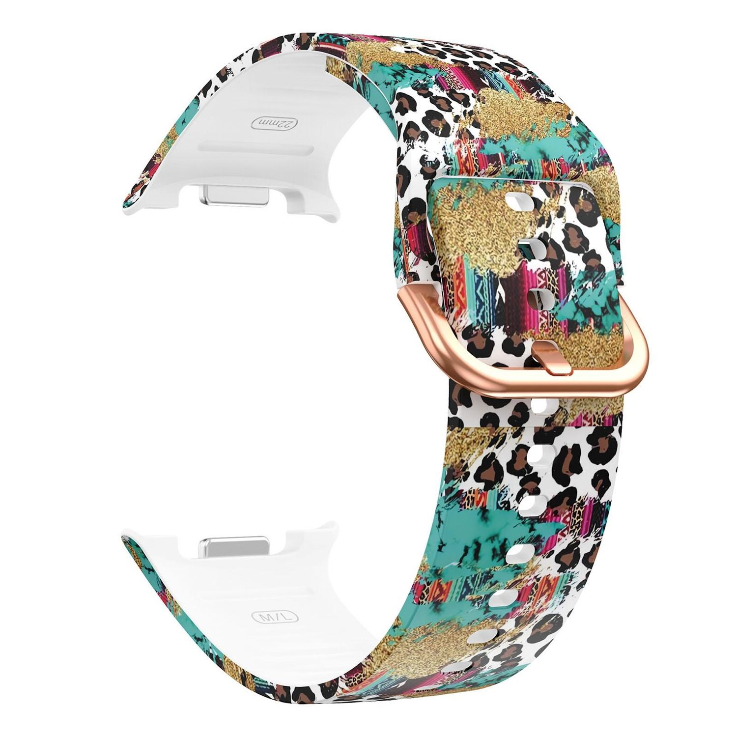 Armband mit Leopardenmuster, Goldakzenten, türkis-weißem Hintergrund und einer kupferfarbenen Schnalle. 22 mm und M/L Markierungen.