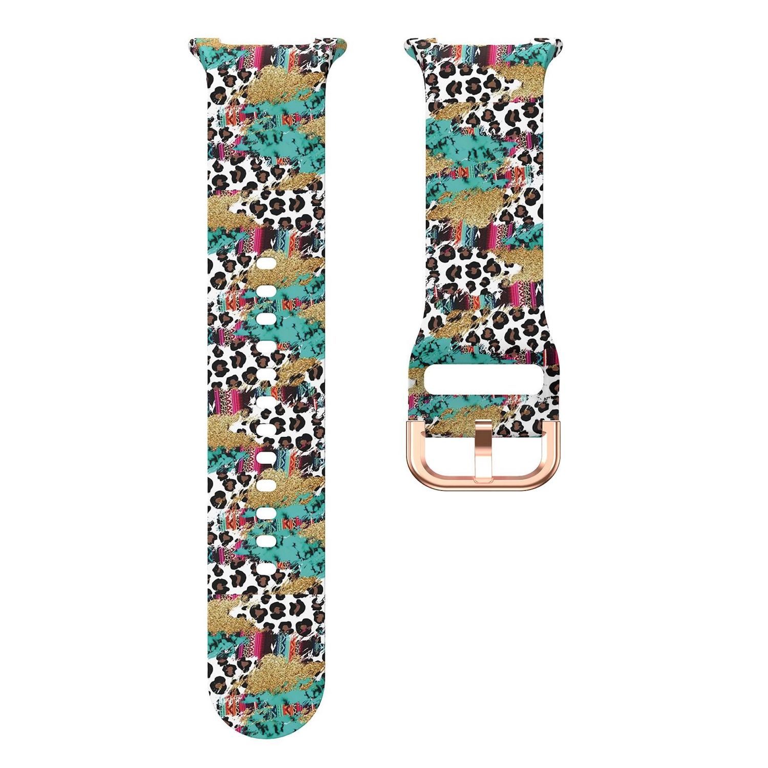 Armbänder mit einem Muster aus Leopardenmuster, Türkis, Gold und Stammesdesigns auf weißem Hintergrund.