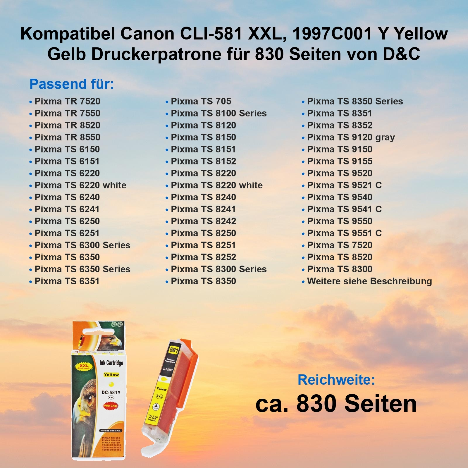 Gelbe Canon Tintenpatrone mit Produktdetails. Liste kompatibler Drucker und Seitenleistung von 830.
